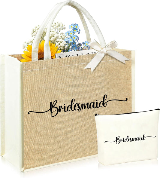 Initial Canvas Tote Bag & Makeup Bag for Women Teacher Bridesmaids，Personalized Present for Wedding, Birthday, Beach