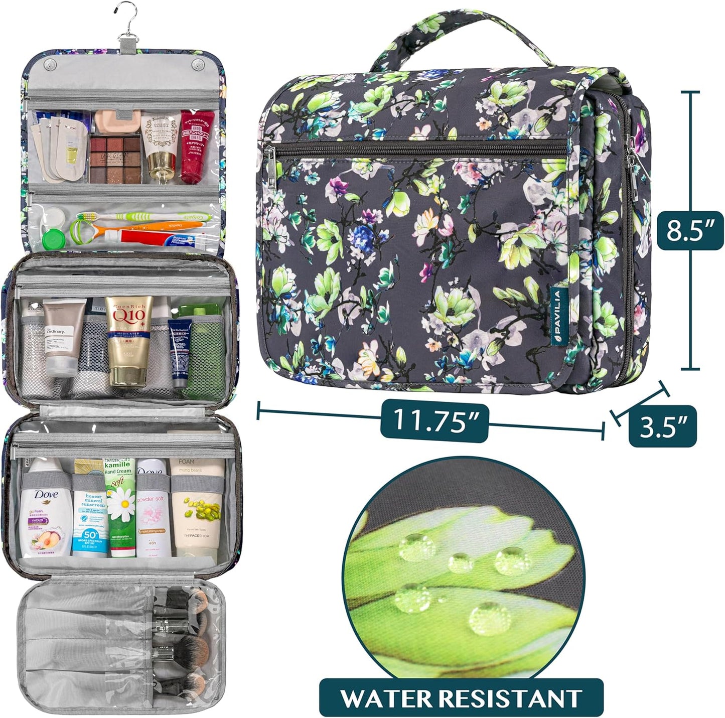 PAVILIA Hanging Toiletry Bag Women Men, Foldable Cosmetic Organizer Travel Bag, Water Resistant