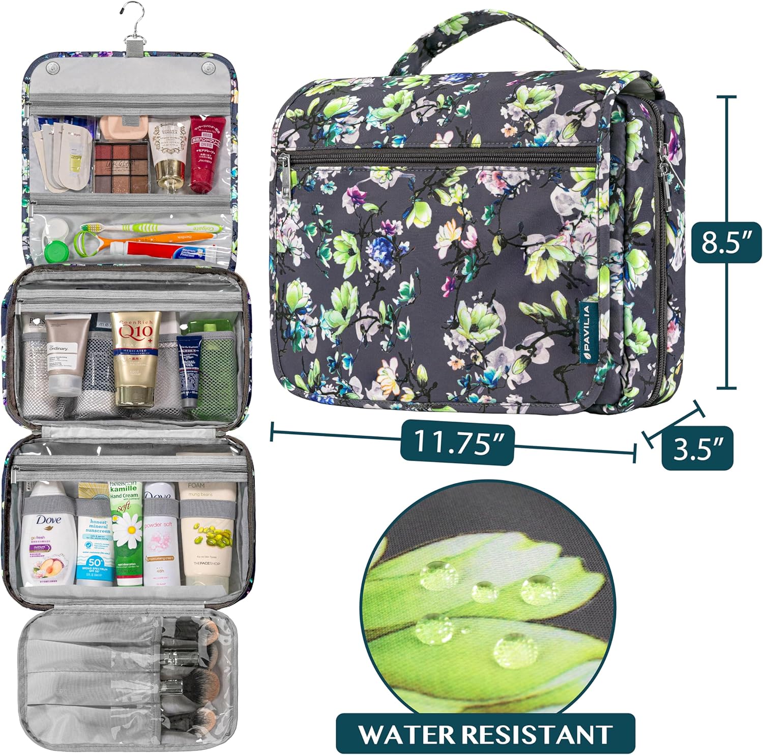 PAVILIA Hanging Toiletry Bag Women Men, Foldable Cosmetic Organizer Travel Bag, Water Resistant
