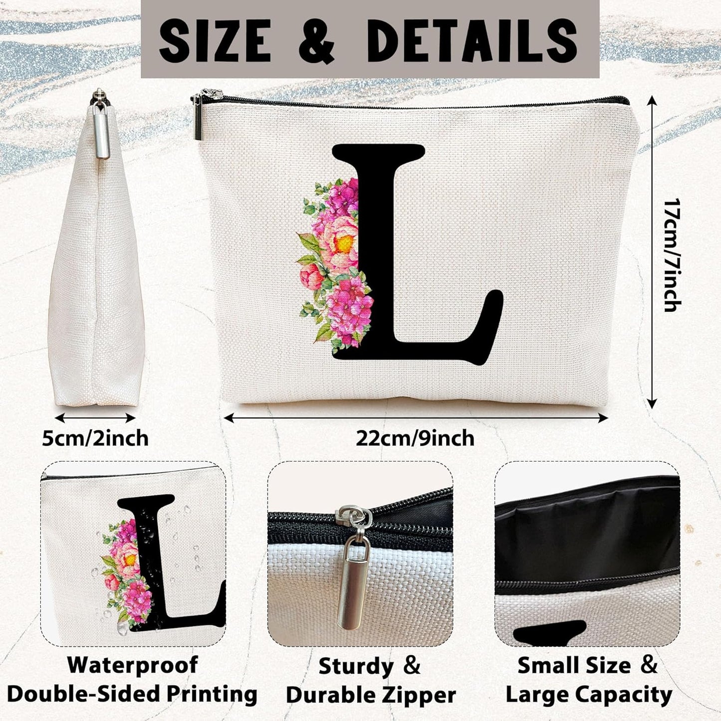 Personalized Letter L Makeup Bag for Women, Birthday Gifts for Mom, Small Zipper Pouch for Purse, Christmas Bridesmaid Friendship Gifts for Sister Daughter, Girls Weekend Gifts for Women-A12