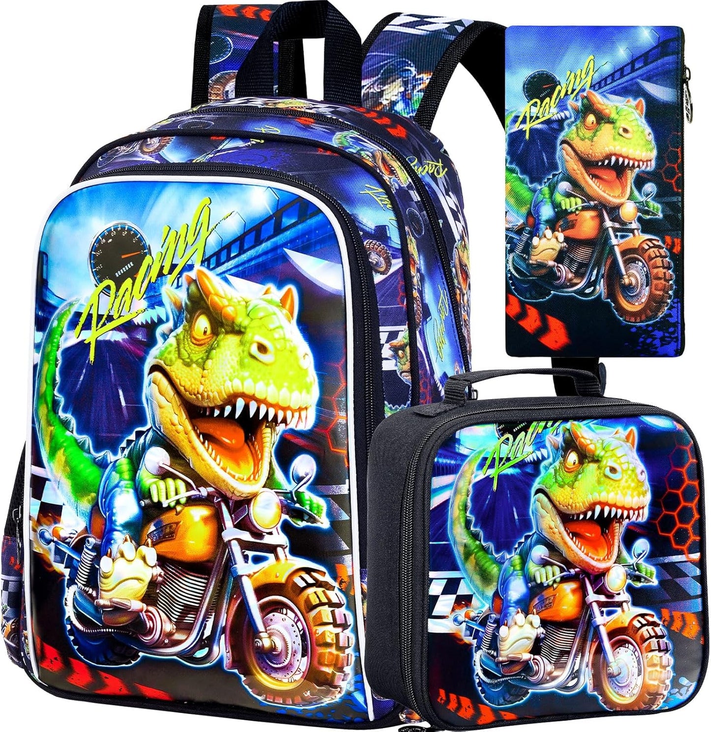 3PCS Dinosaur Backpack for Boys, 16 Inch Kids Water Resistant Preschool Elementary Kindergarten