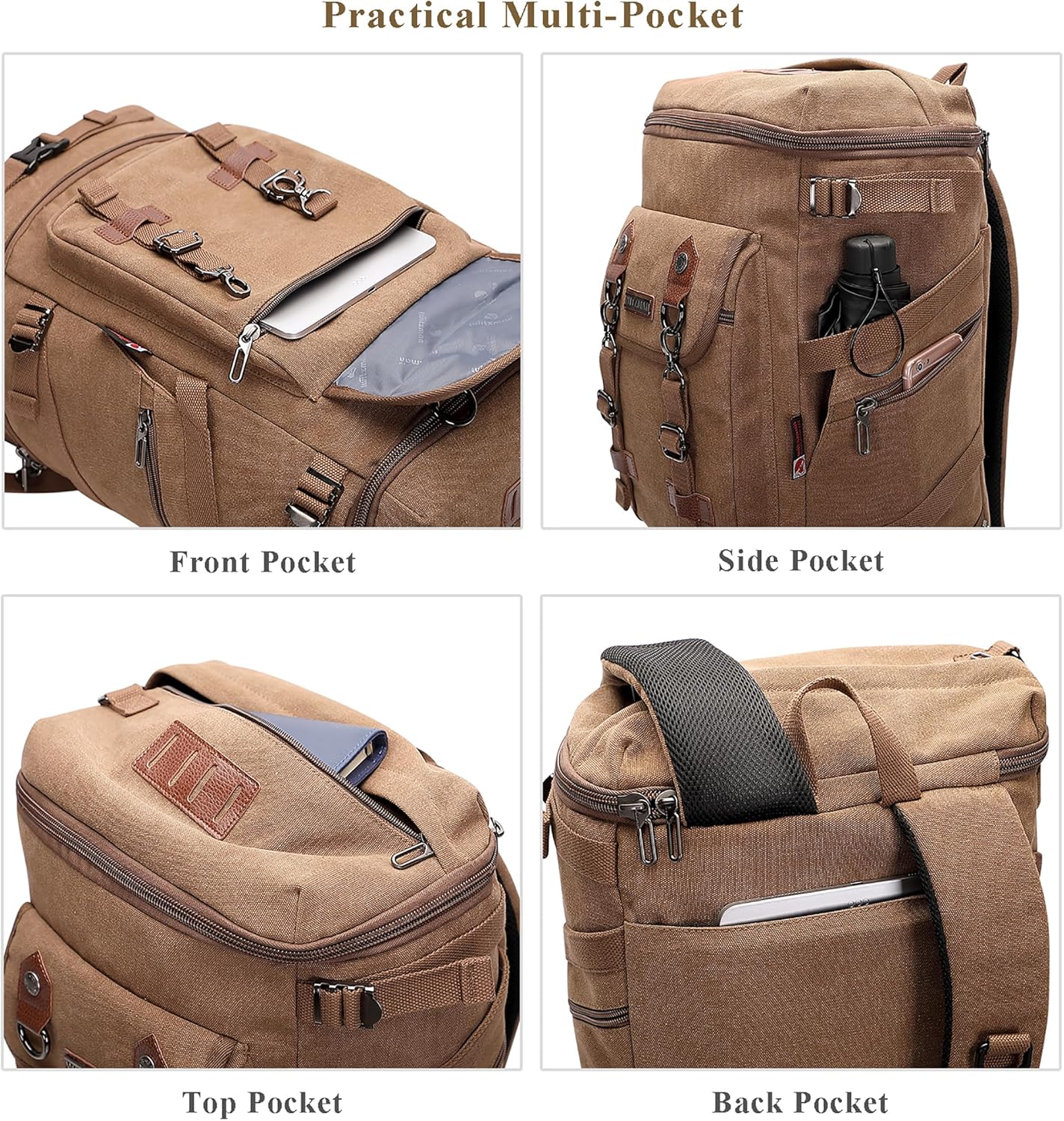 WITZMAN Travel Backpack for Men Women Canvas Backpack Carry on Luggage Rucksack Convertible Duffel Bag Large (A568 Brown)