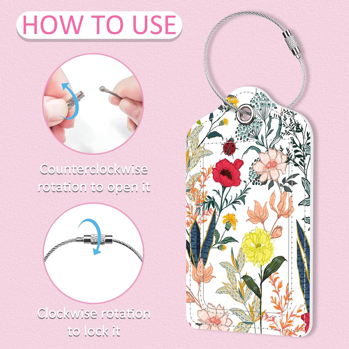 2 Pack Luggage Tag for Suitcase,Blooming Flower PU Leather Suitcase Tags Identifiers with Privacy Name Address Labels and Steel Loop for Women Men Travel