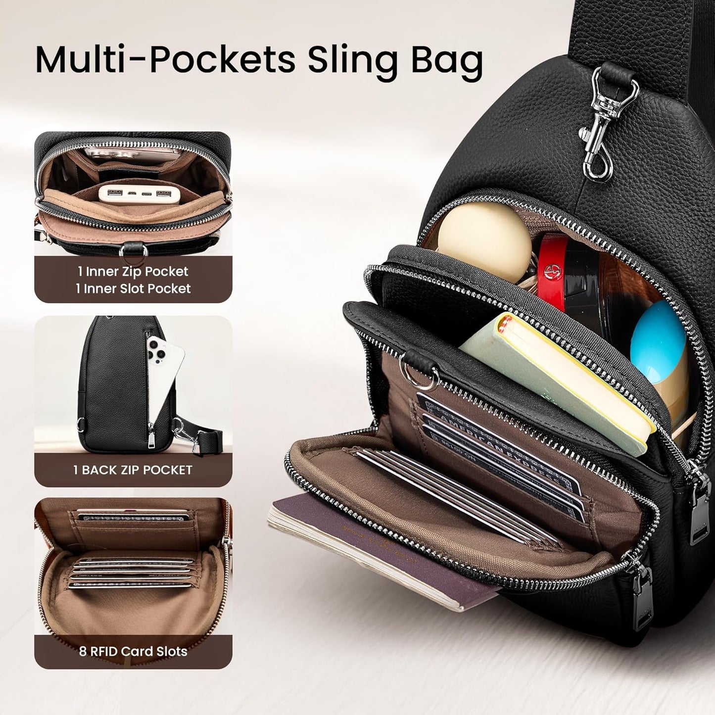 befen Genuine Leather Small Sling Bag for Women Anti-Theft Crossbody Chest Bags Multi-Pockets Fanny Pack with RFID Card Slots