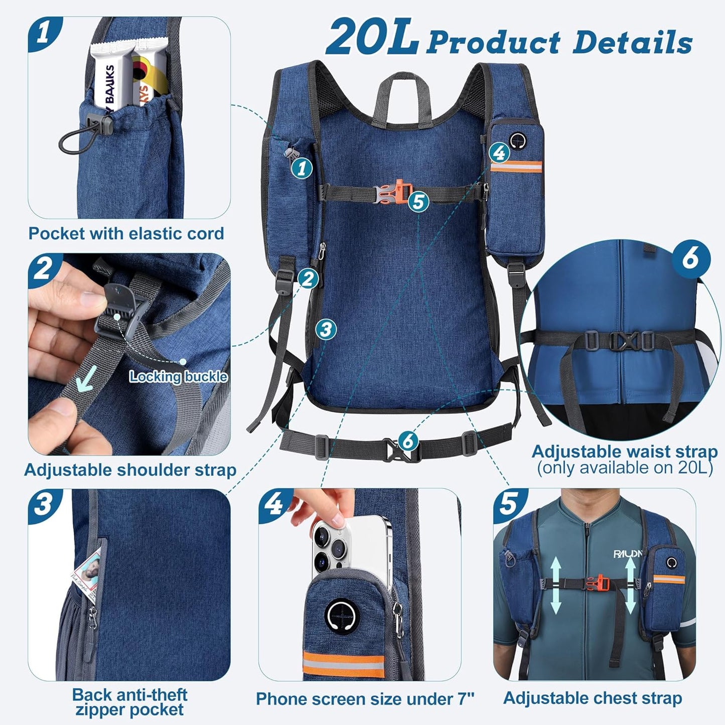 20L Small Hiking Backpack for Men Women Foldable Packable Back Pack Ultralight Hiking Daypack for Travel Camping Outdoor, Navy Blue