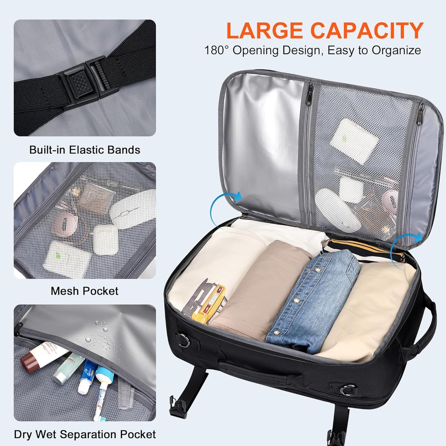 PIJUSHI Travel Backpack for Women Men Carry on Suitcase Backpack Flight Approved Personal Item Bag Fits 16 Inch Laptop(PE035 Black)