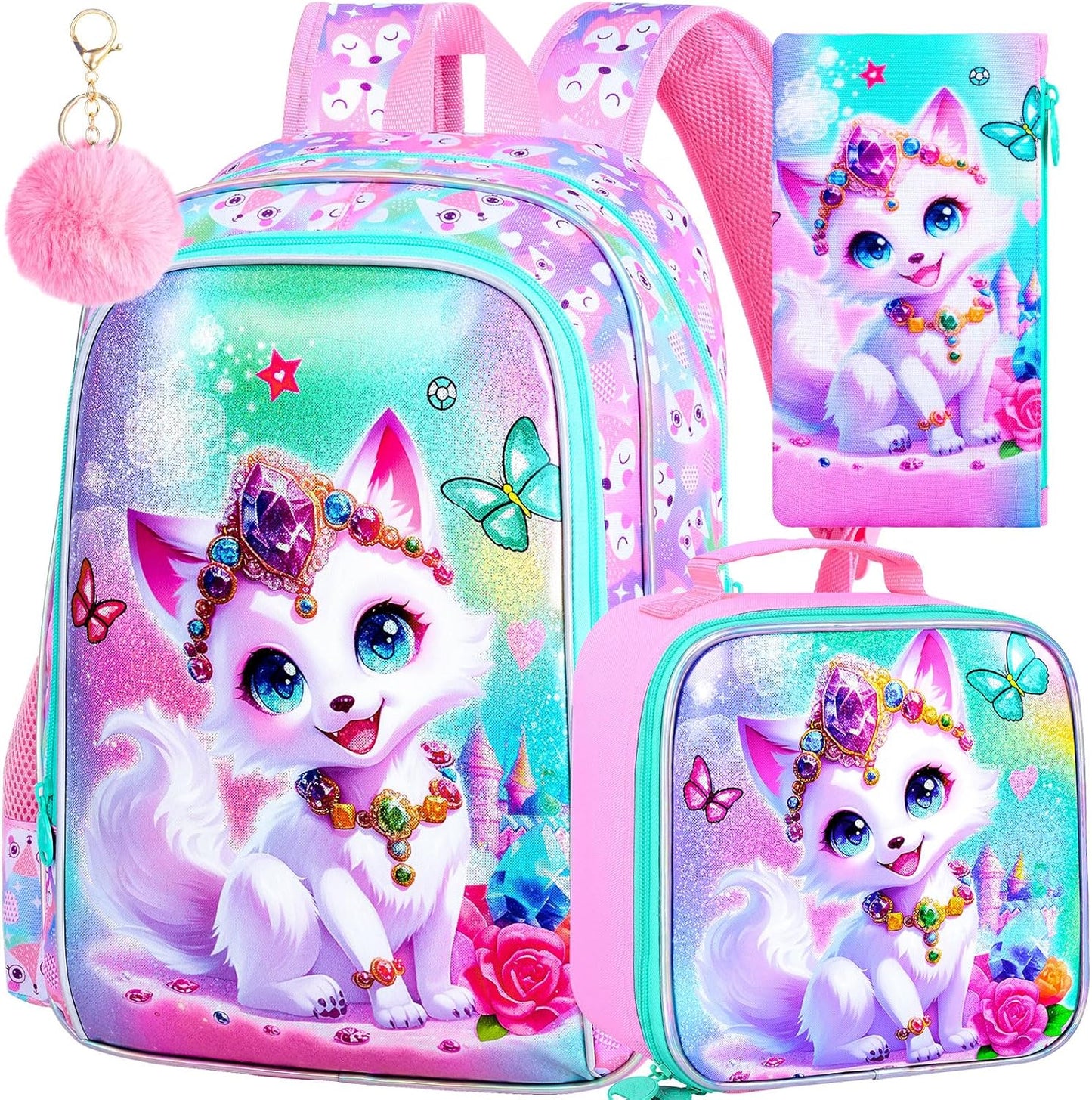 3Pcs Fox Backpack for Girls, 16" Kids Bookbag with Lunch Box，School Backpacks for Elementary Preschool Kindergarten (Pink)