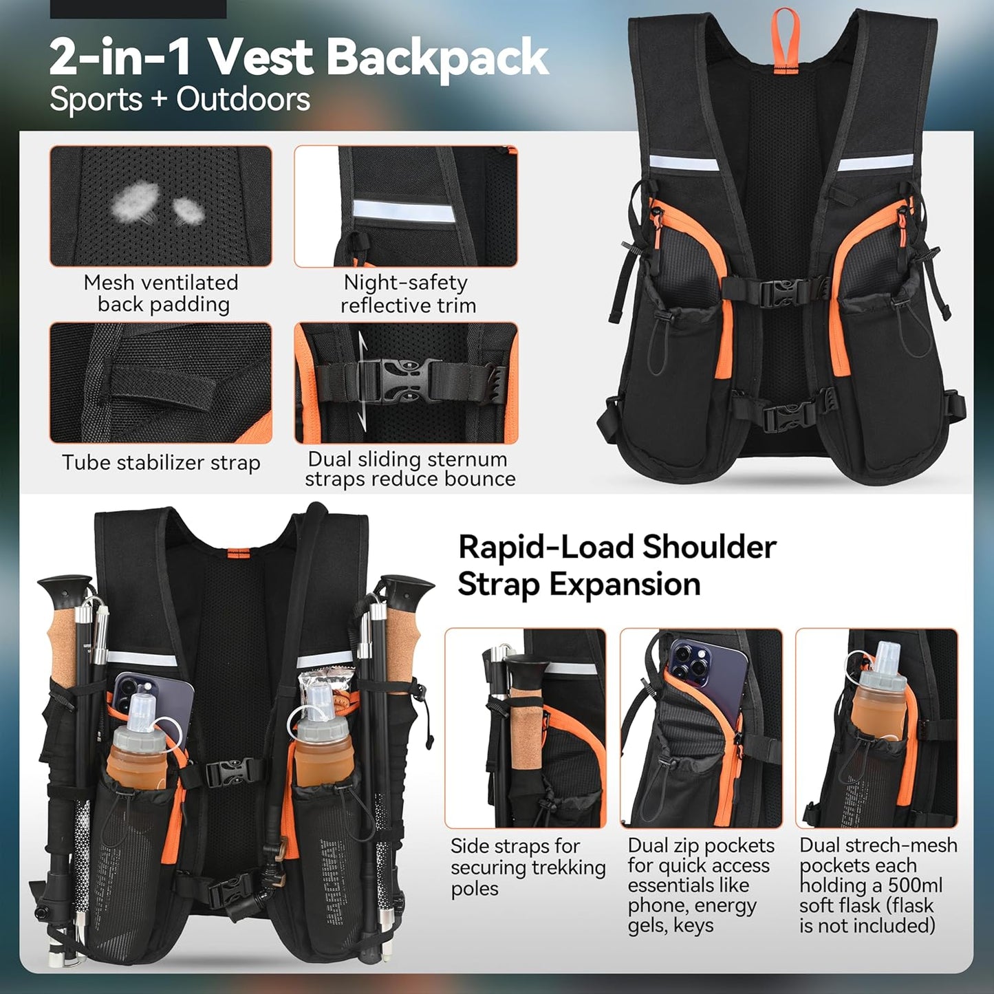MARCHWAY Lightweight Hydration Backpack with Vest Style Straps & 2.5L TPU Water Bladder, Versatile Sleek Multi-Pocket Pack for Hiking, Cycling, Running, Backpacking, Travel