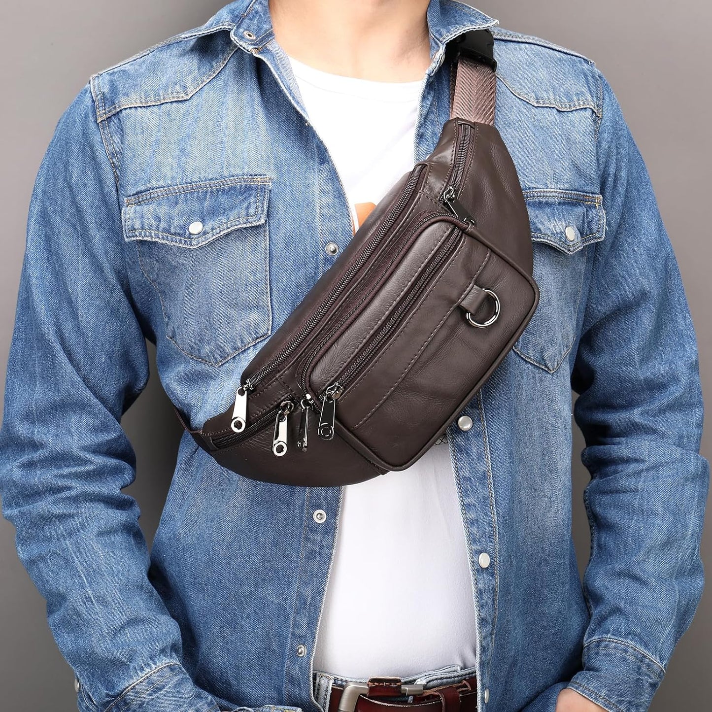 Genuine Leather Fanny Pack HandMade Durable cowhide Waist Bag Lots of Anti-theft zipper pocket Coffee