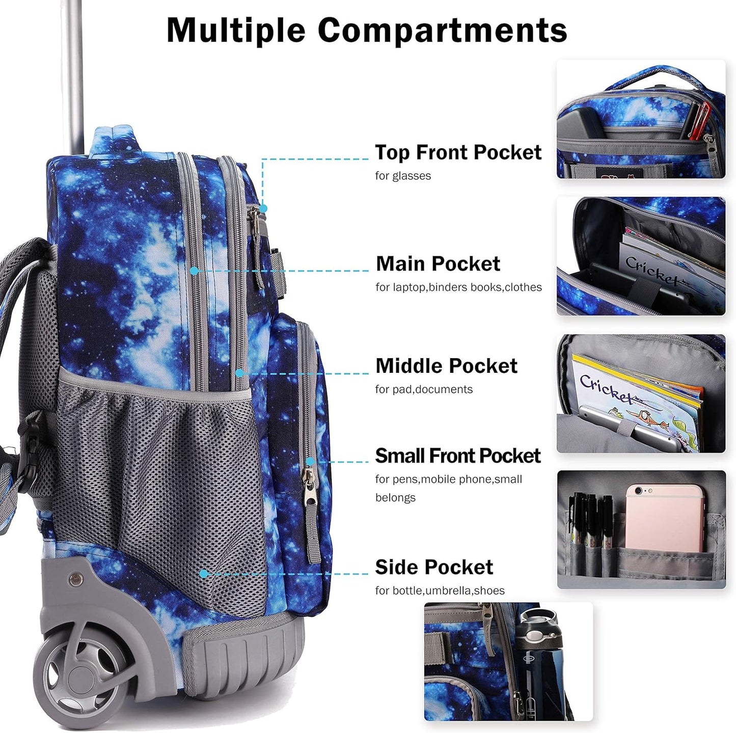 Tilami Rolling Backpack 18 inch Wheeled Laptop Backpack School College Student Travel Trip Boys and Girls, Galaxy Blue