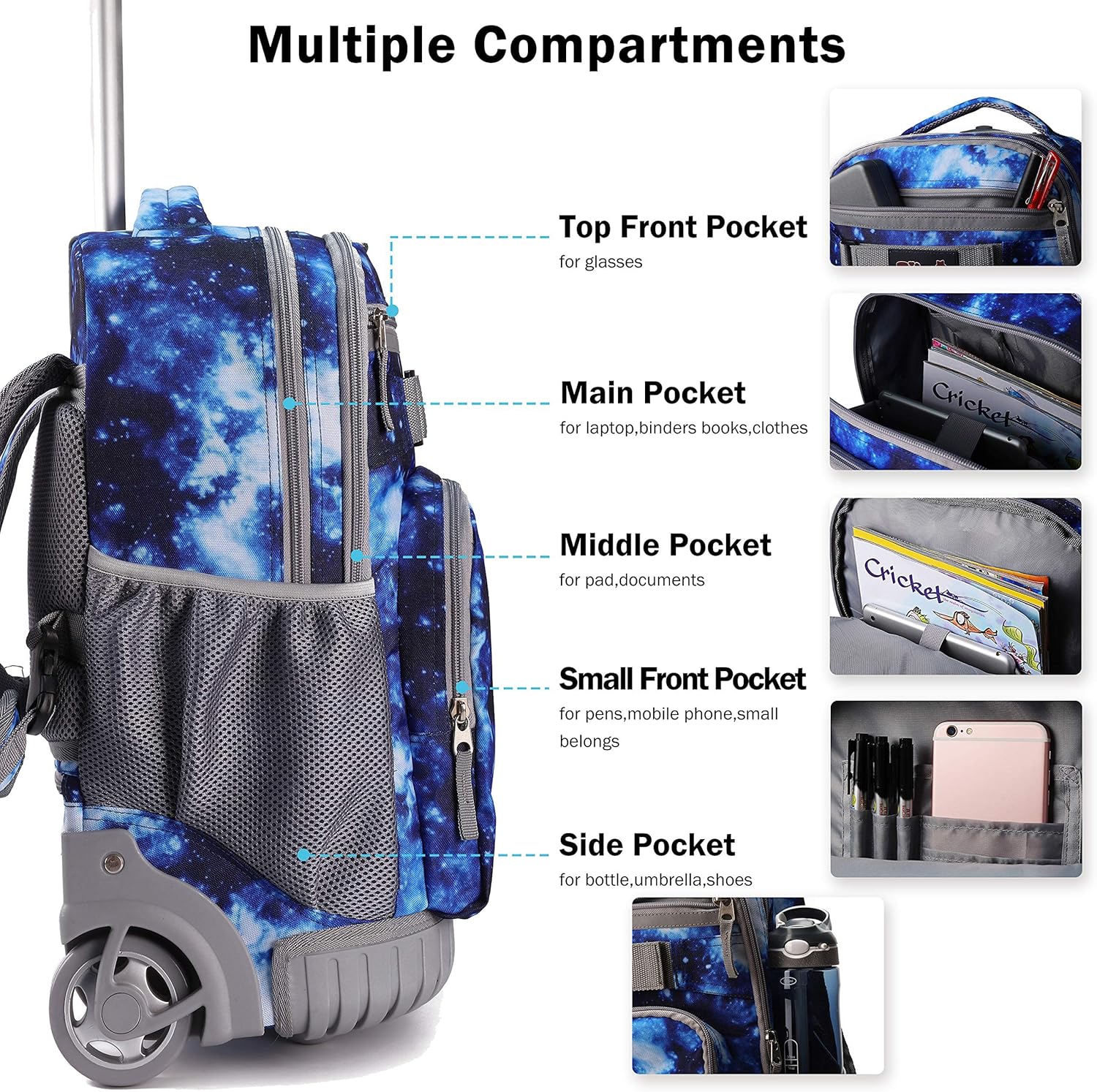 Tilami Rolling Backpack 19 inch with Lunch Bag Wheeled Laptop Backpack, Galaxy Blue