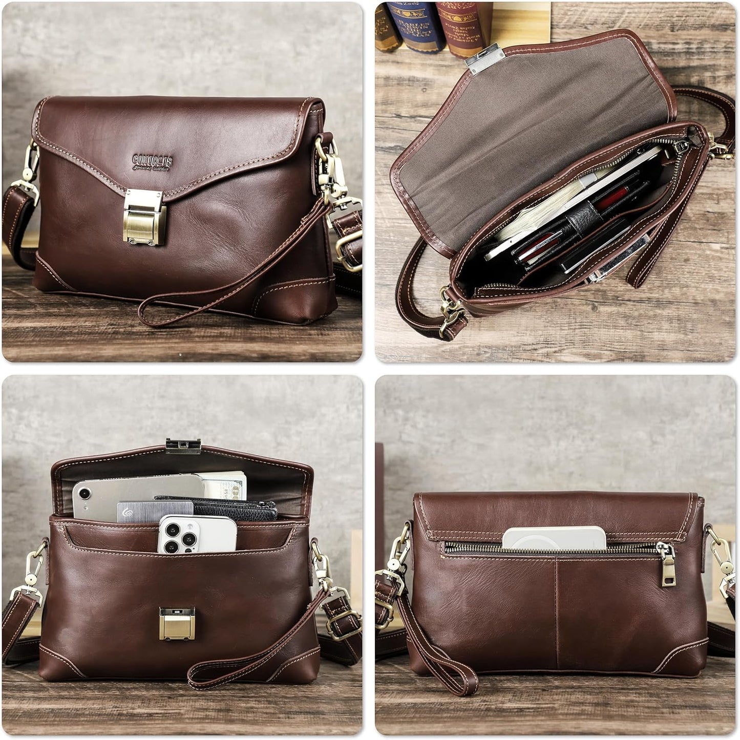 Top Grain Genuine Leather Handbag Wallet for Man & Woman, Handmade Retro Design, Combination Lock & Adjustable Shoulder Strap & Wristlet, Portable Handbag for Cards/Checks/Phone/Banknote, Dark Coffee