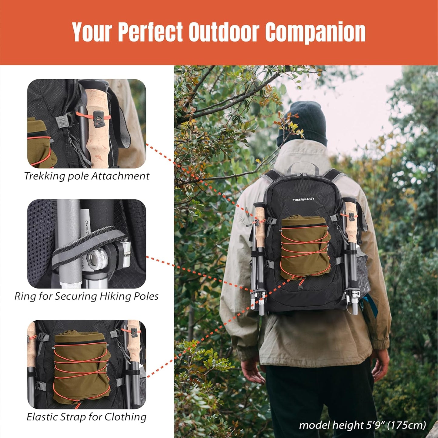TREKOLOGY 30L Waterproof Lightweight Backpack – Foldable, Durable Daypack for Men & Women with Chest Strap & Multiple Compartments – Compact, Comfortable, Ideal for Hiking, Camping, Travel & Outdoors