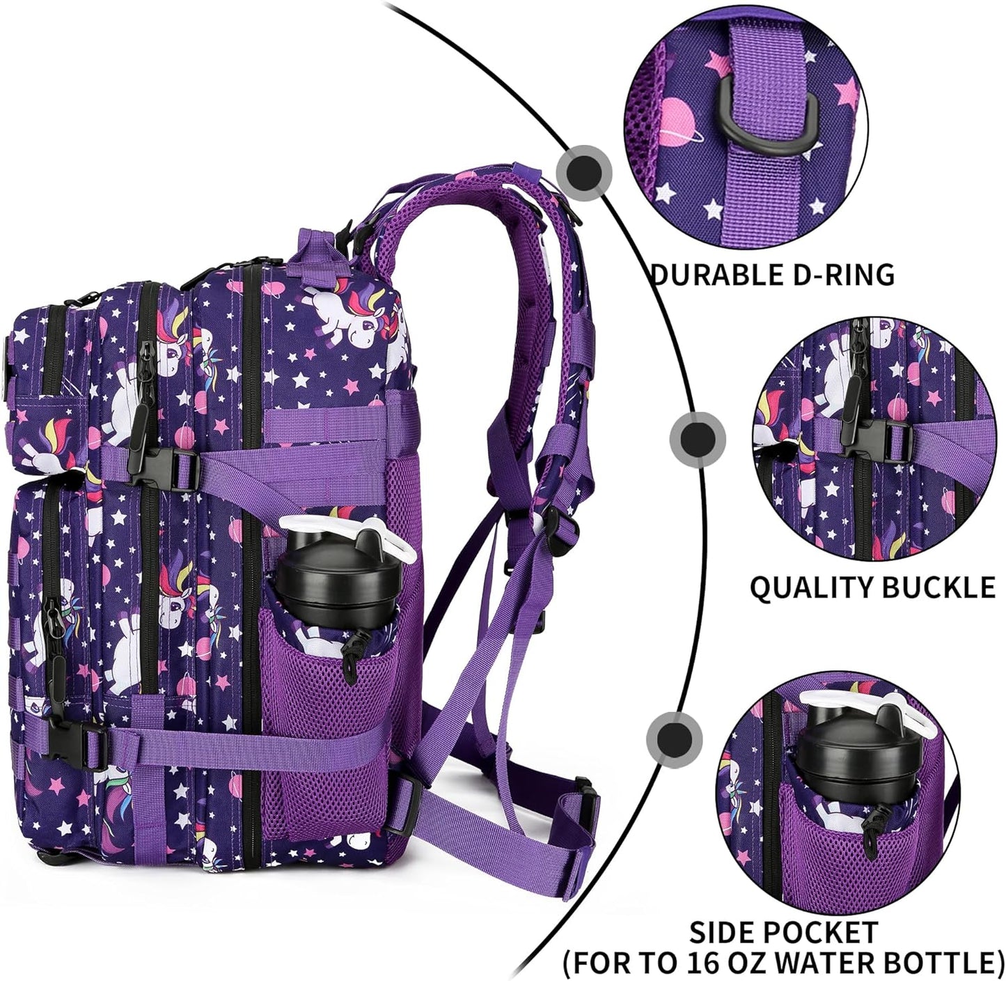 25L Tactical Military Backpack Small Travel Rucksack for Men and Women Assault Pack Bug Out Bag Molle Daypack Gym Backpack with Bottle Holder (Purple Pony)