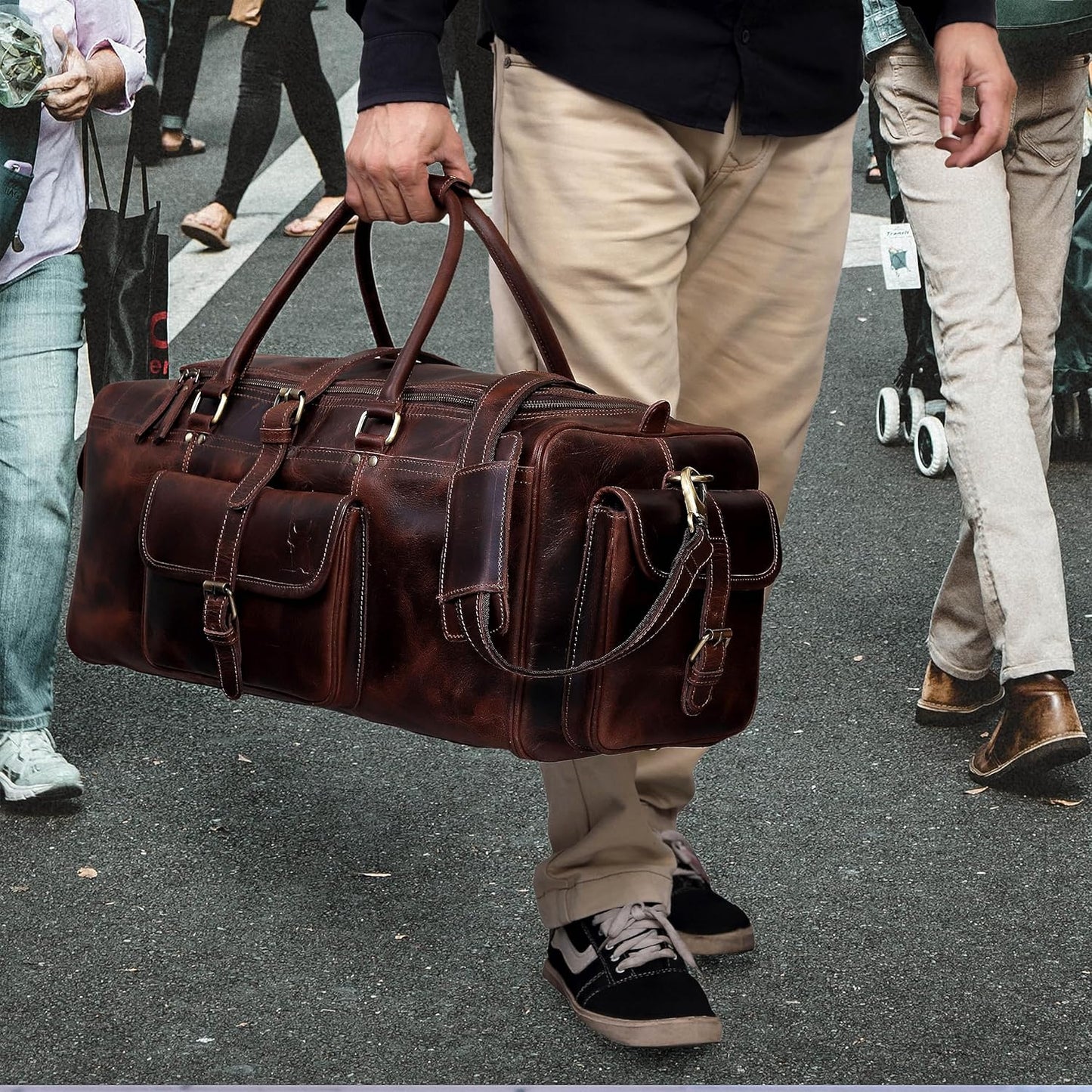 Leather Duffle Bag for Men, Overnight 21 Inch Weekender Duffel Gym Bag, Full Grain Leather Travel Carry-On Bag, Ideal for Sports, Airplane Luggage by Leather Farm