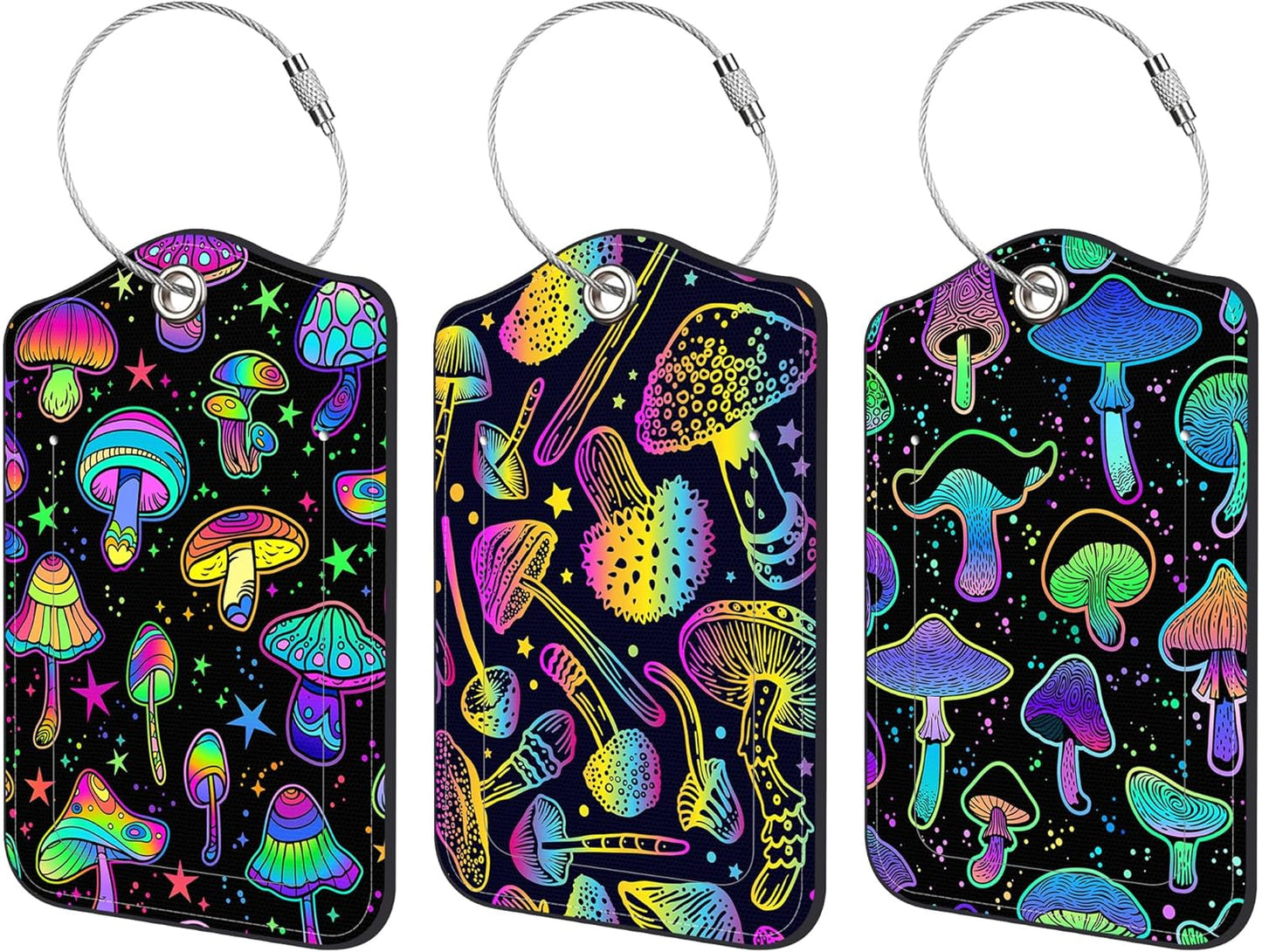 3 Pack Luggage Tag for Suitcase Colorful Mushrooms Leather Travel Cruise Luggage Tag with Stainless Steel Loop Name ID Label Privacy Cover for Adults Teens Travel Bag Labels Set