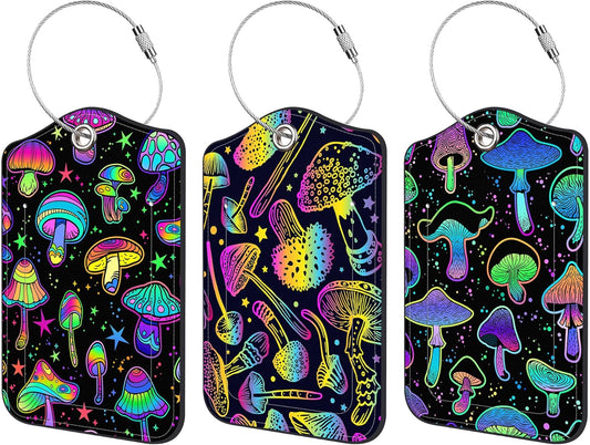 3 Pack Luggage Tag for Suitcase Colorful Mushrooms Leather Travel Cruise Luggage Tag with Stainless Steel Loop Name ID Label Privacy Cover for Adults Teens Travel Bag Labels Set