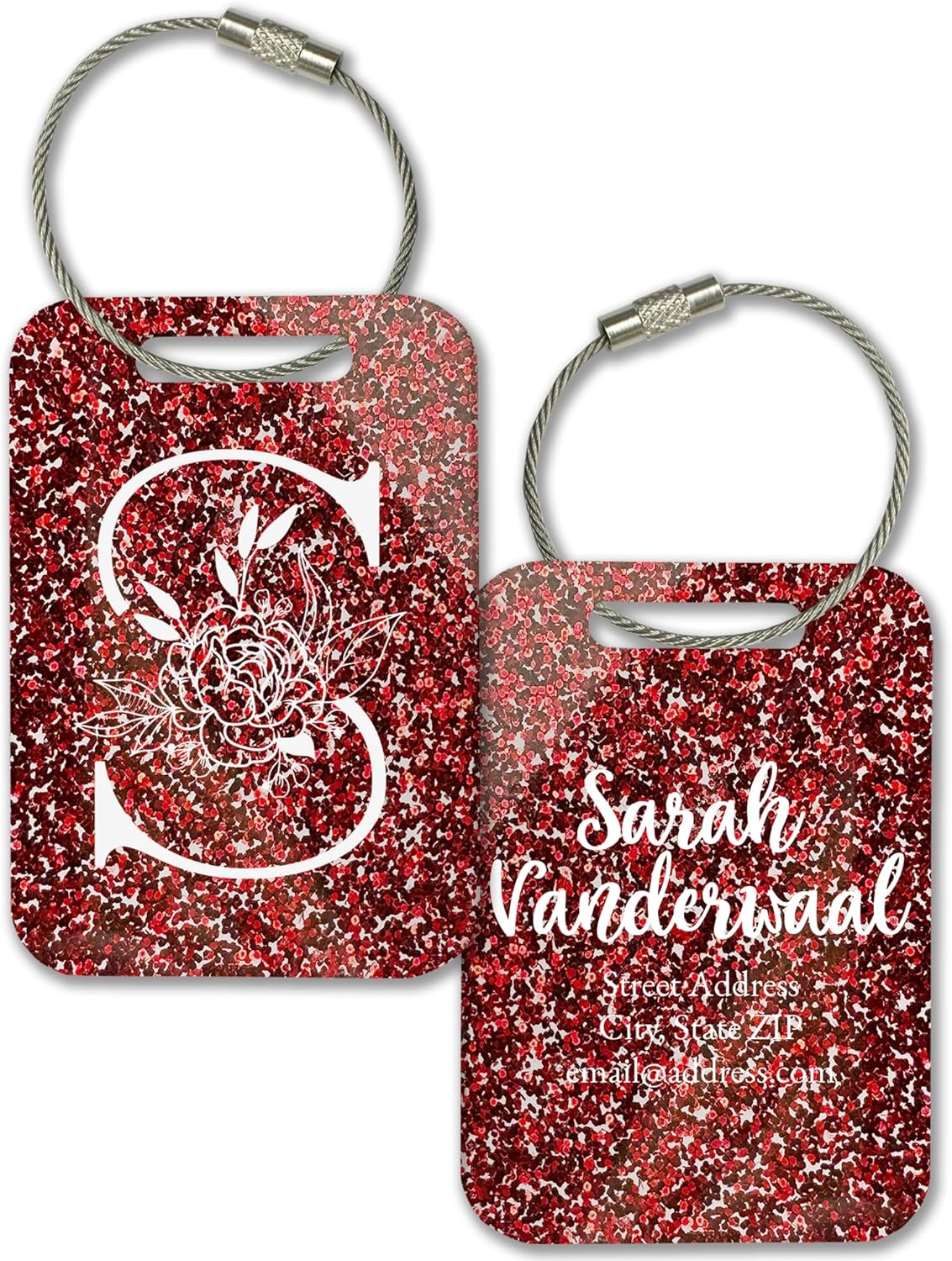 Personalized Monogram Name Tag for Luggage (3 or 6 Count Pack) | Custom Tag for Suitcase | Acrylic Name Tag for Travel | Choose Your Font & Color | Backpack ID Label (Monogram, Red Glitter)