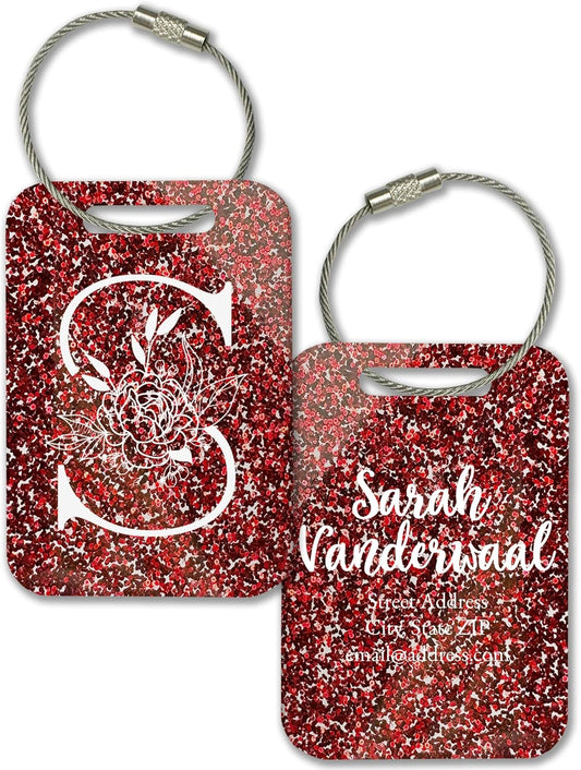 Personalized Monogram Name Tag for Luggage (3 or 6 Count Pack) | Custom Tag for Suitcase | Acrylic Name Tag for Travel | Choose Your Font & Color | Backpack ID Label (Monogram, Red Glitter)