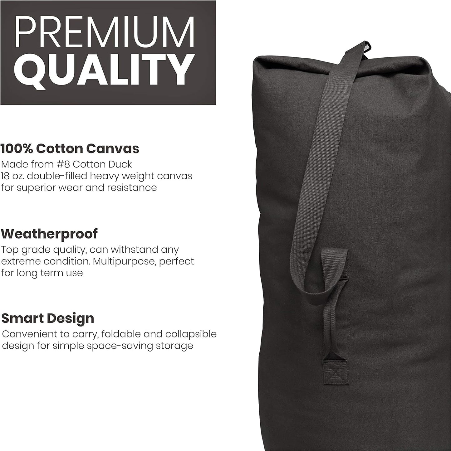 WHITEDUCK Top Load Canvas Folding Duffel Bag, Water Resistant Army Style Shoulder Bag for Men and Women- Gym, Sports, Travel, Hiking, Camping, Backpacking (Large 25" x 42",Black)
