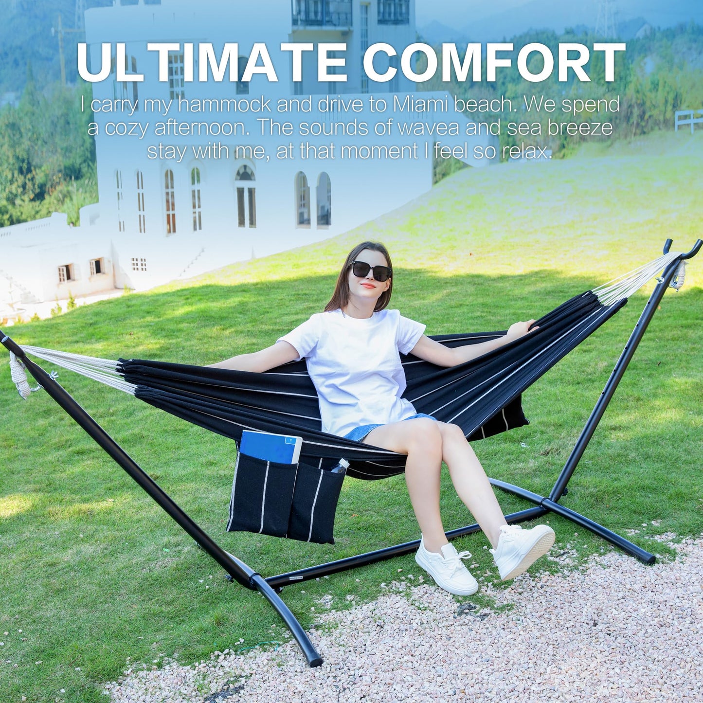 PNAEUT Double Hammocks with Stand for Outside, Portable Space Saving Heavy-Duty Steel Stand for