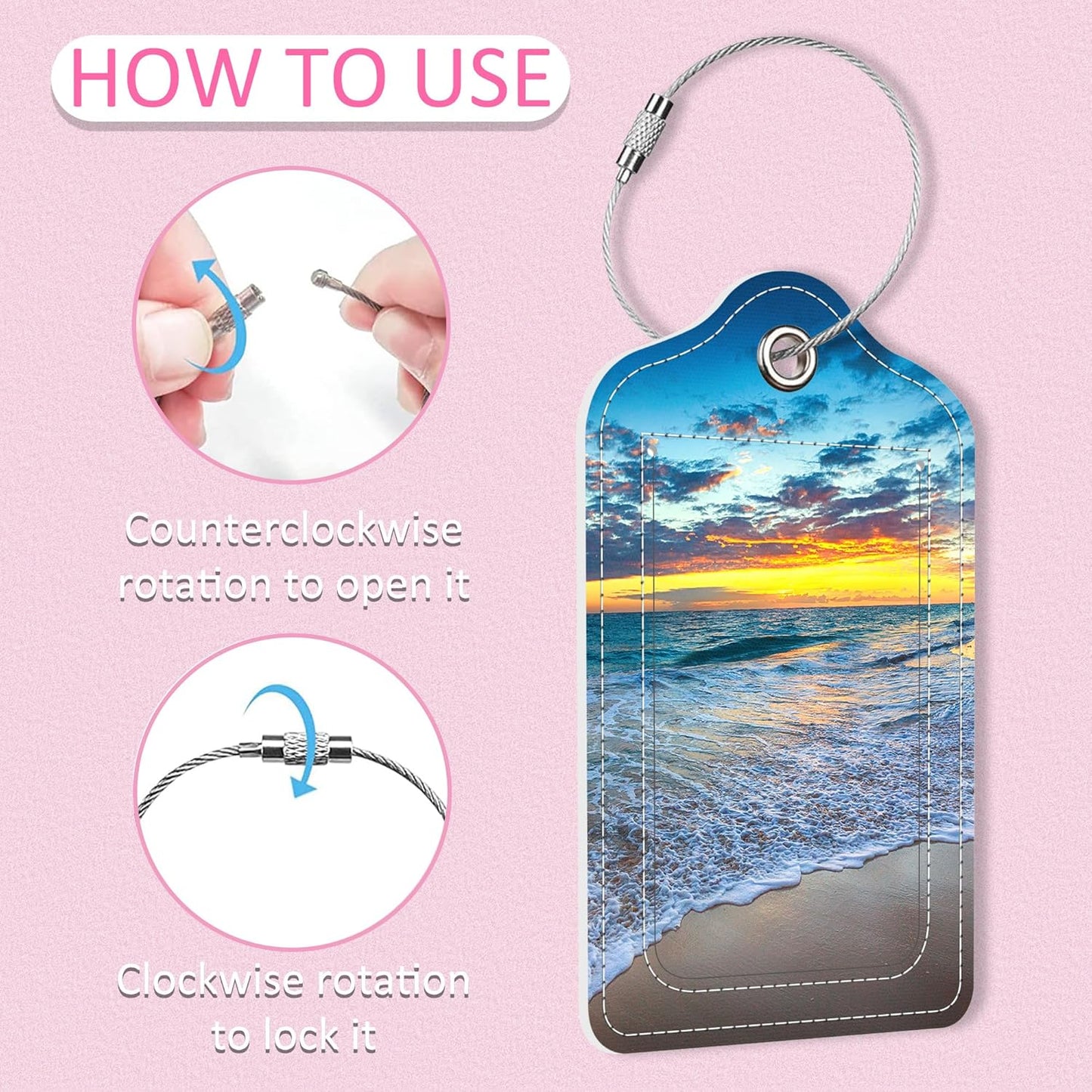 2 Pack Island's Beach Luggage Tag for Suitcase,Sunrise PU Leather Suitcase Tags Identifiers with Privacy Name Address Labels and Steel Loop for Women Men Travel