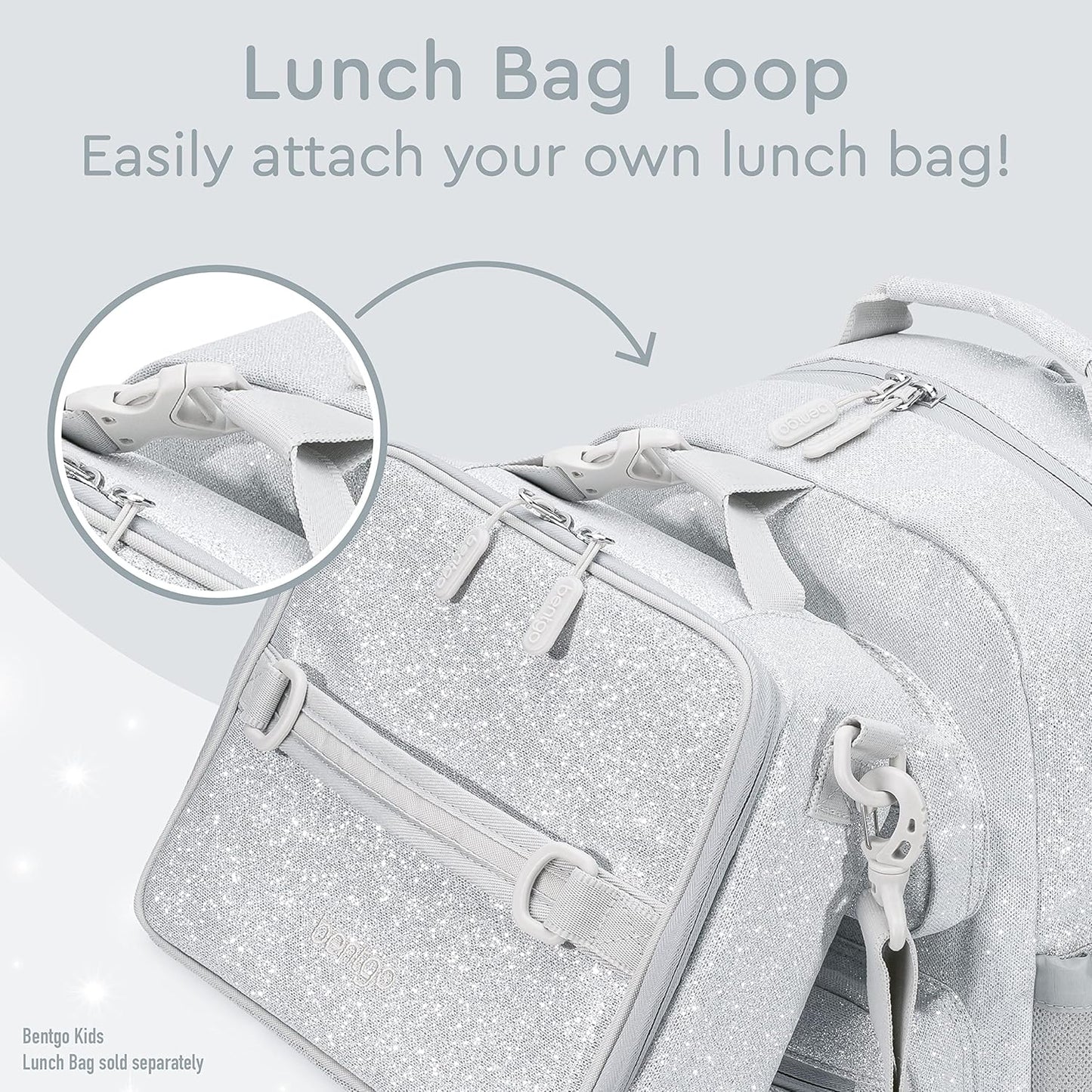 Bentgo Kids Glitter Backpack - Lightweight 14” Backpack for School, Travel & Daycare, Ideal for Ages 4+, Durable & Water-Resistant, Roomy Interior, & Loop for Lunch Bag (Glitter Edition - Silver)