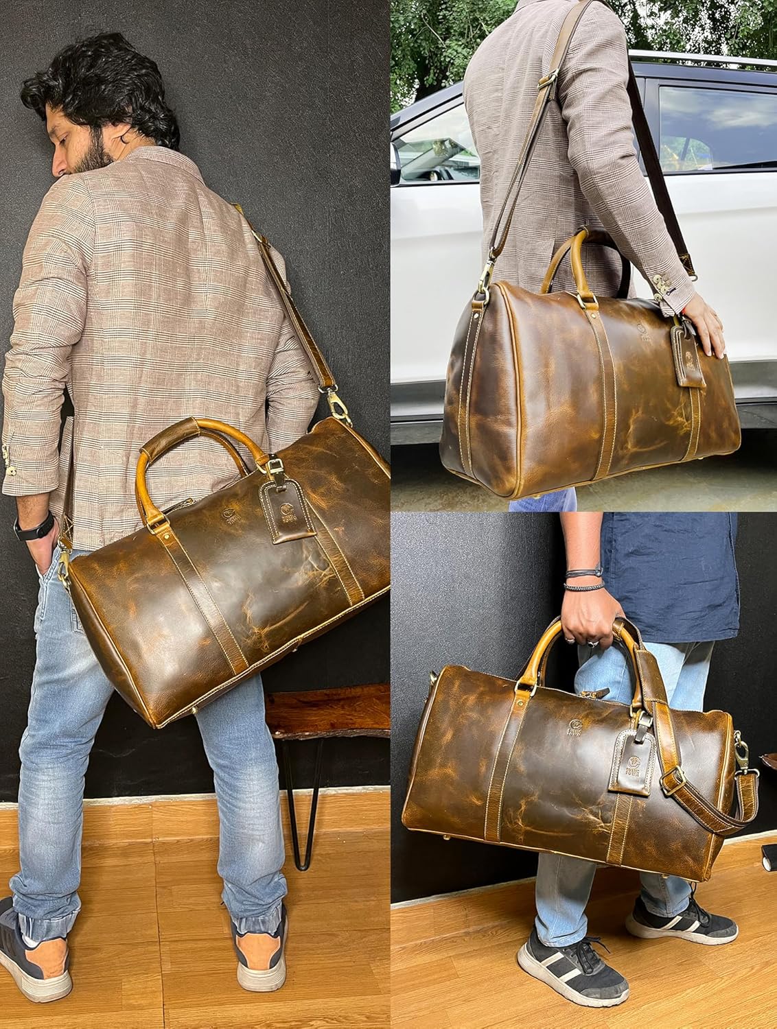 Leather Holdall Bags for Men - Travel Overnight Duffle - Weekend Carry On Suitcase - Underseat Flight Cabin Duffel Bag, Brown, L, Mens leather weekend bag