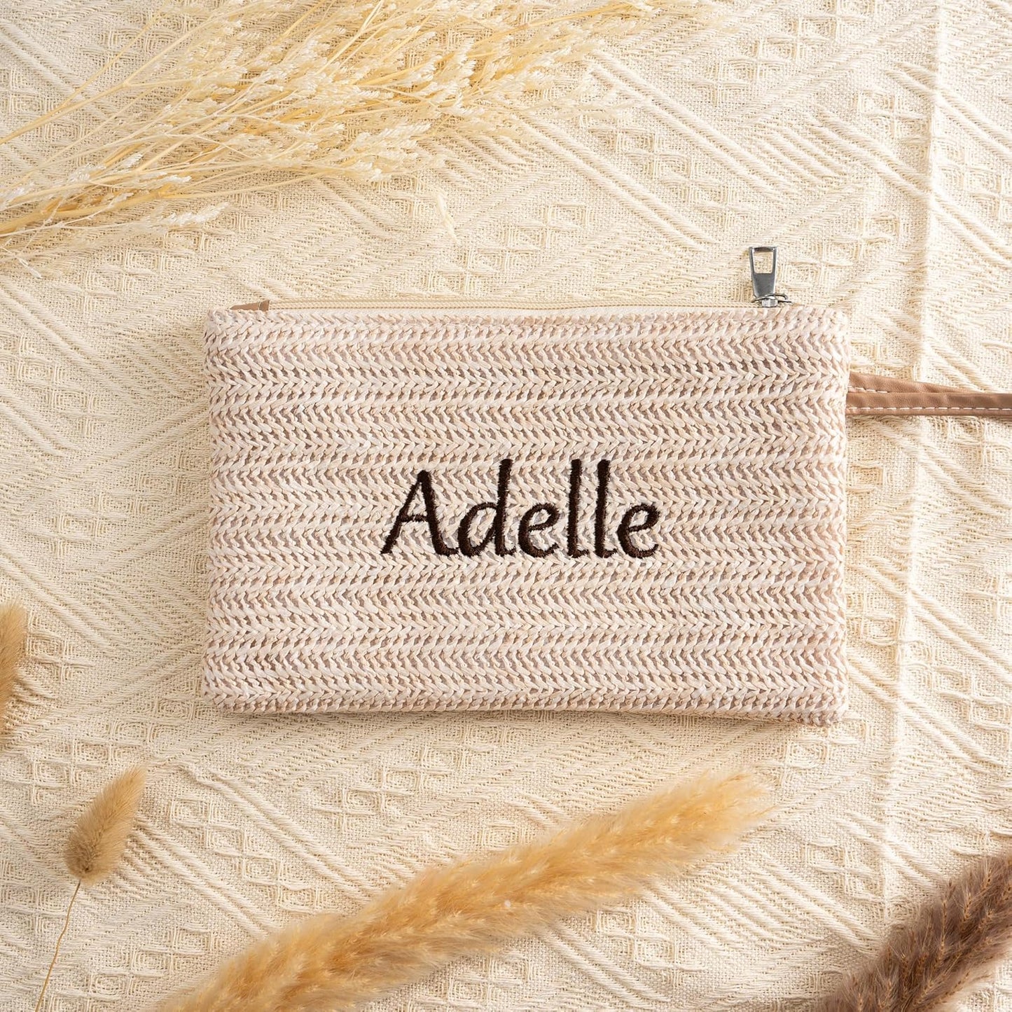 Personalised Straw Clutch Purse, Personalised Embroidered Cosmetic Bag, Handwoven Straw Cosmetic Bag with Leather Trim, Bridesmaid Gift