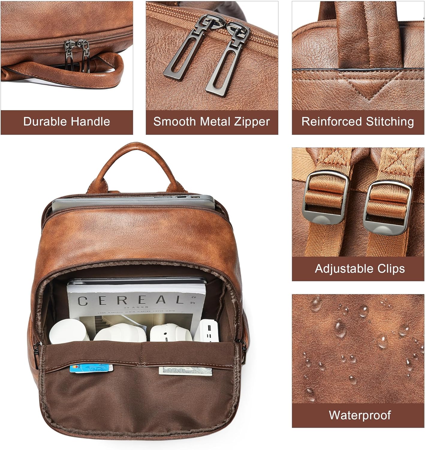 Computer Backpack for Women Soft Leather Back pack with 15.6 inch Laptop Compartment, Fashion Ladies Travel Backpack, Brown