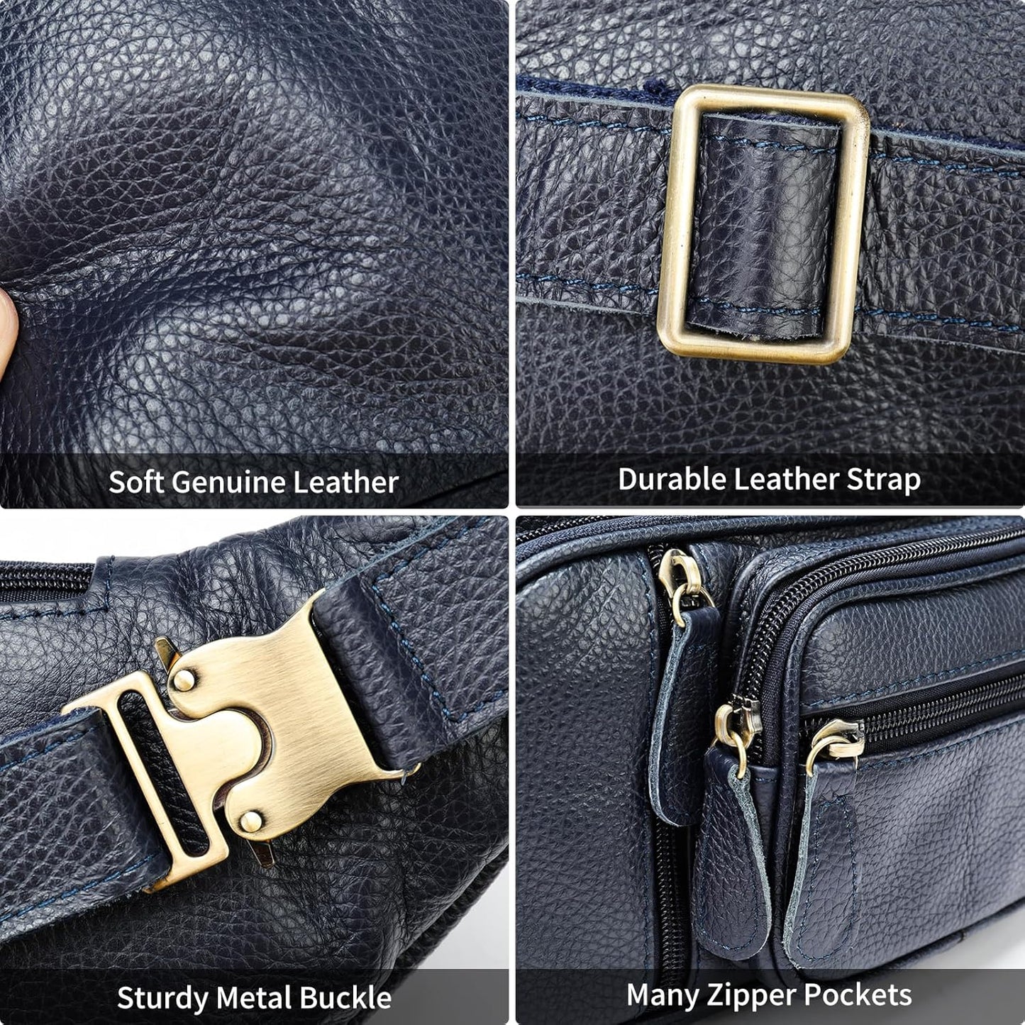 Genuine Leather Fanny Pack large capacity Crossbody Waist Bag with Zipper phone Pockets dark blue