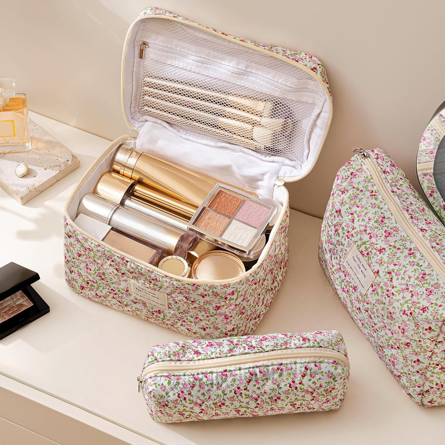 HBselect Quilted Makeup Bag, 3PCS Cotton Large Travel Makeup Bag, Cute Floral Coquette Make up Bag Cosmetic Bag Toiletry Bag for Women Girls