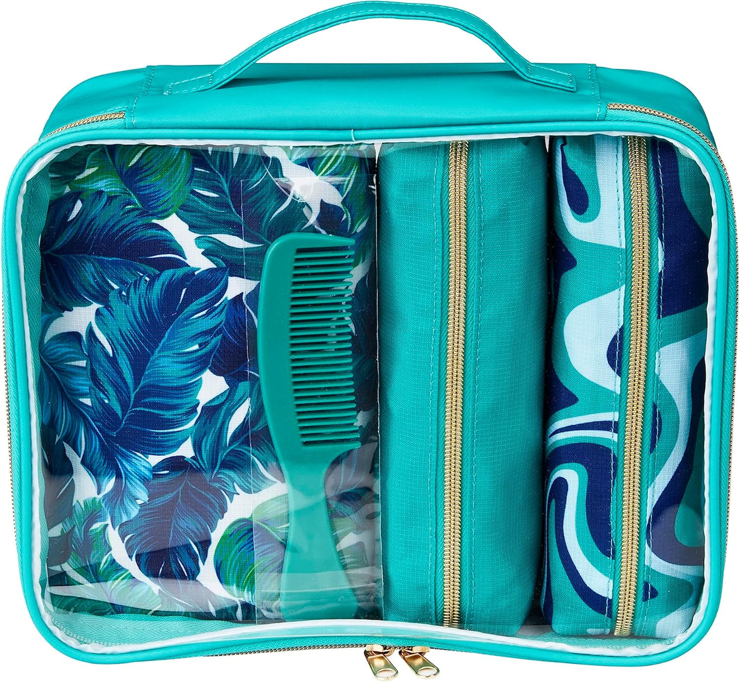Conair 5 Piece Toiletry and Cosmetic Bag Set Under $30, Includes 4 Makeup Bags and 1 Travel Comb in Teal Palm Prints