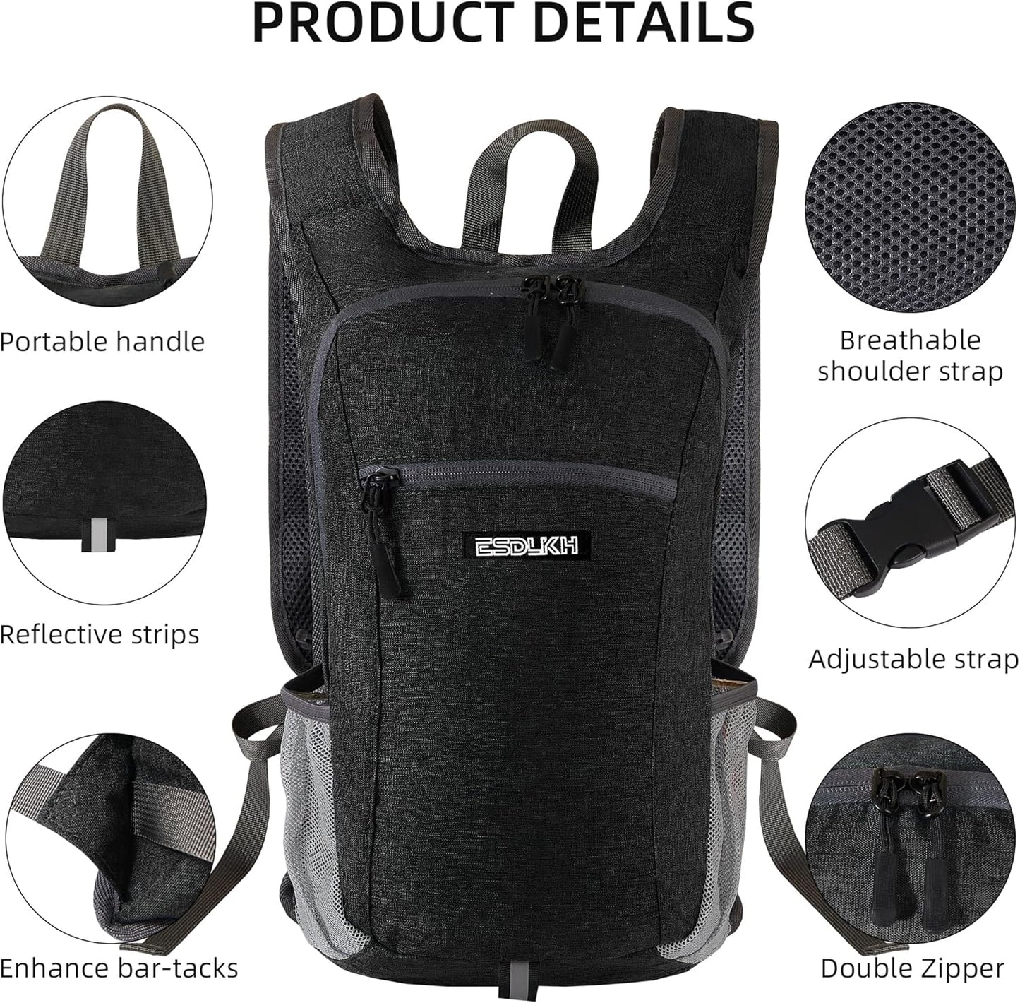 Small Hiking Backpack with Detachable Front Phone Holder, Foldable Packable Back pack with Chest and Waist Strap, Lightweight Daypack for Women Men (Black, 15L)