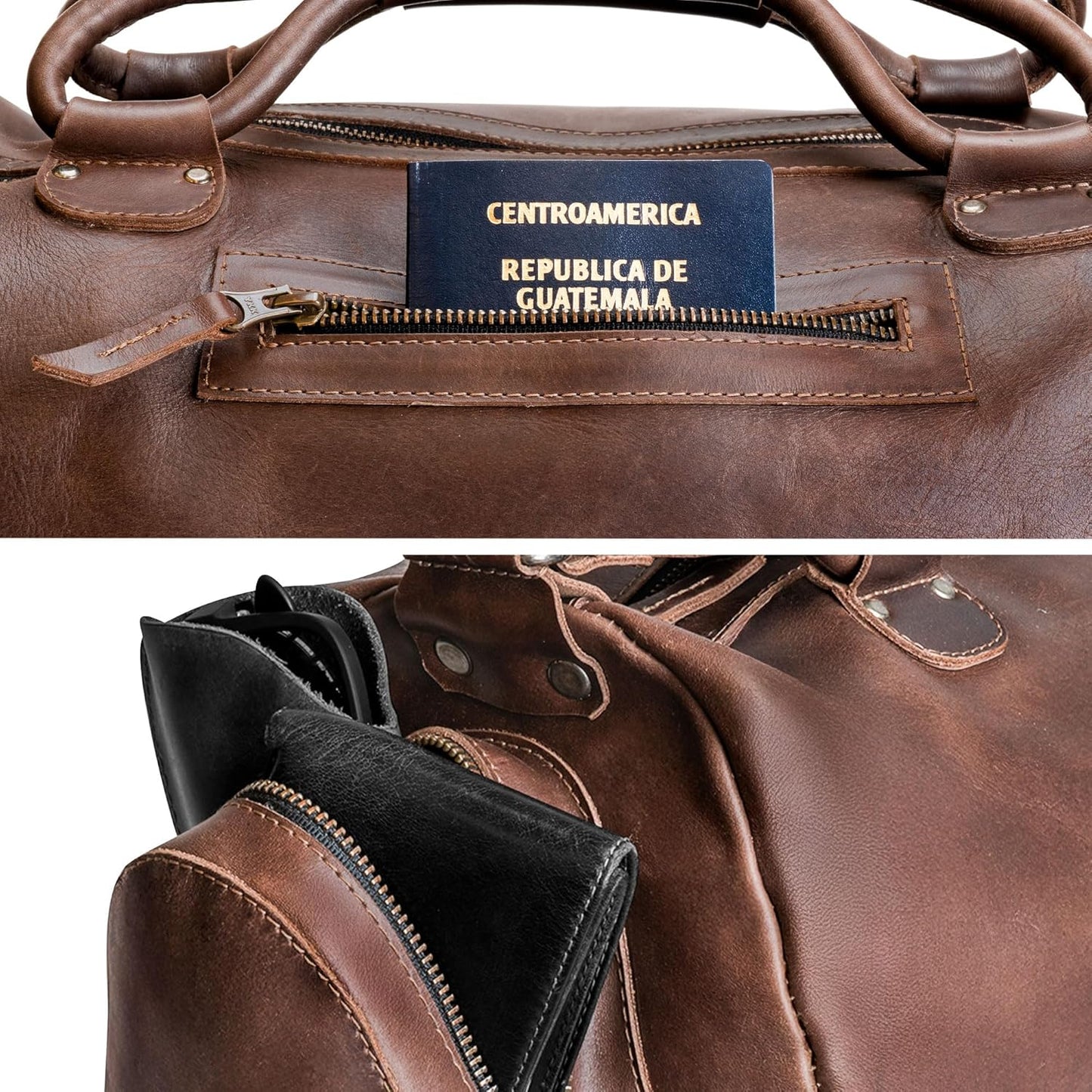 Littlefield & Co., Classic Shoulder Bag for Travel, Weekender Bag, Duffle Bag, Carry-On Case, Full Grain Leather, Handmade, Bourbon Brown