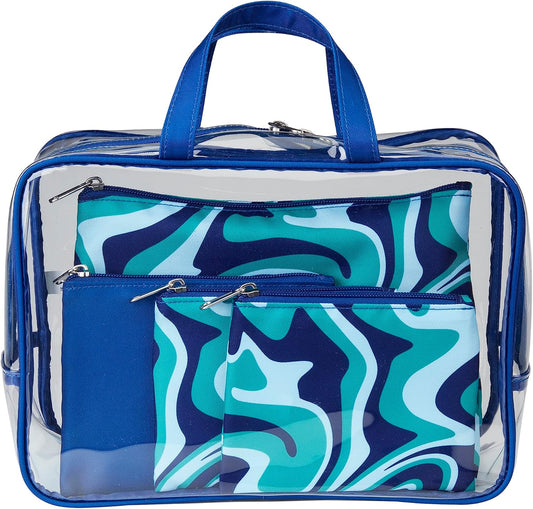 Conair 5 Piece Toiletry and Cosmetic Bag Set Under $30, Includes 1 Large Weekender Bag and 4 Organizer Bags in Blue Swirl Prints