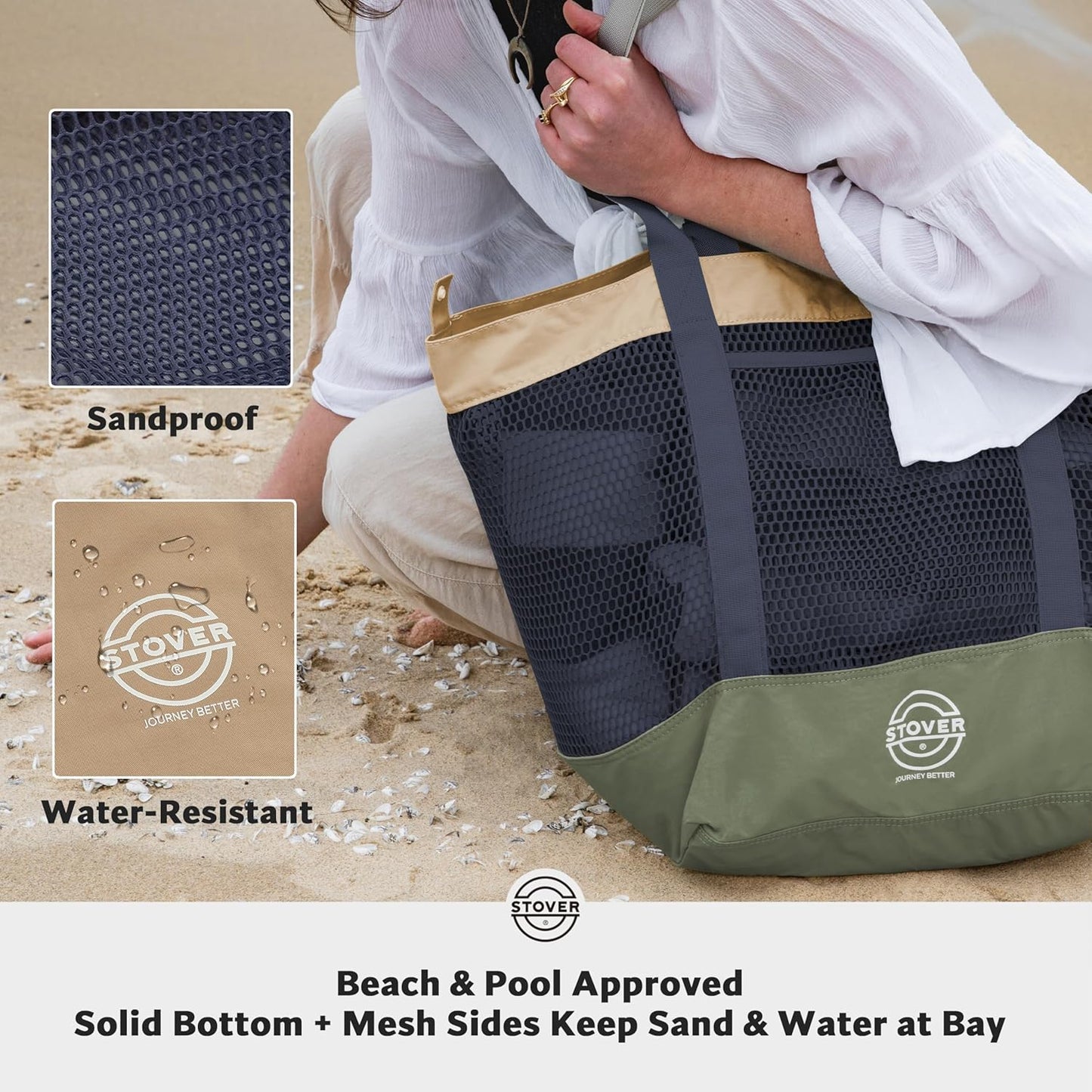 STOVER Large Mesh Beach Bag, Vacation, Pool, Shopping, & Travel Tote - Foldable w/Storage Pockets