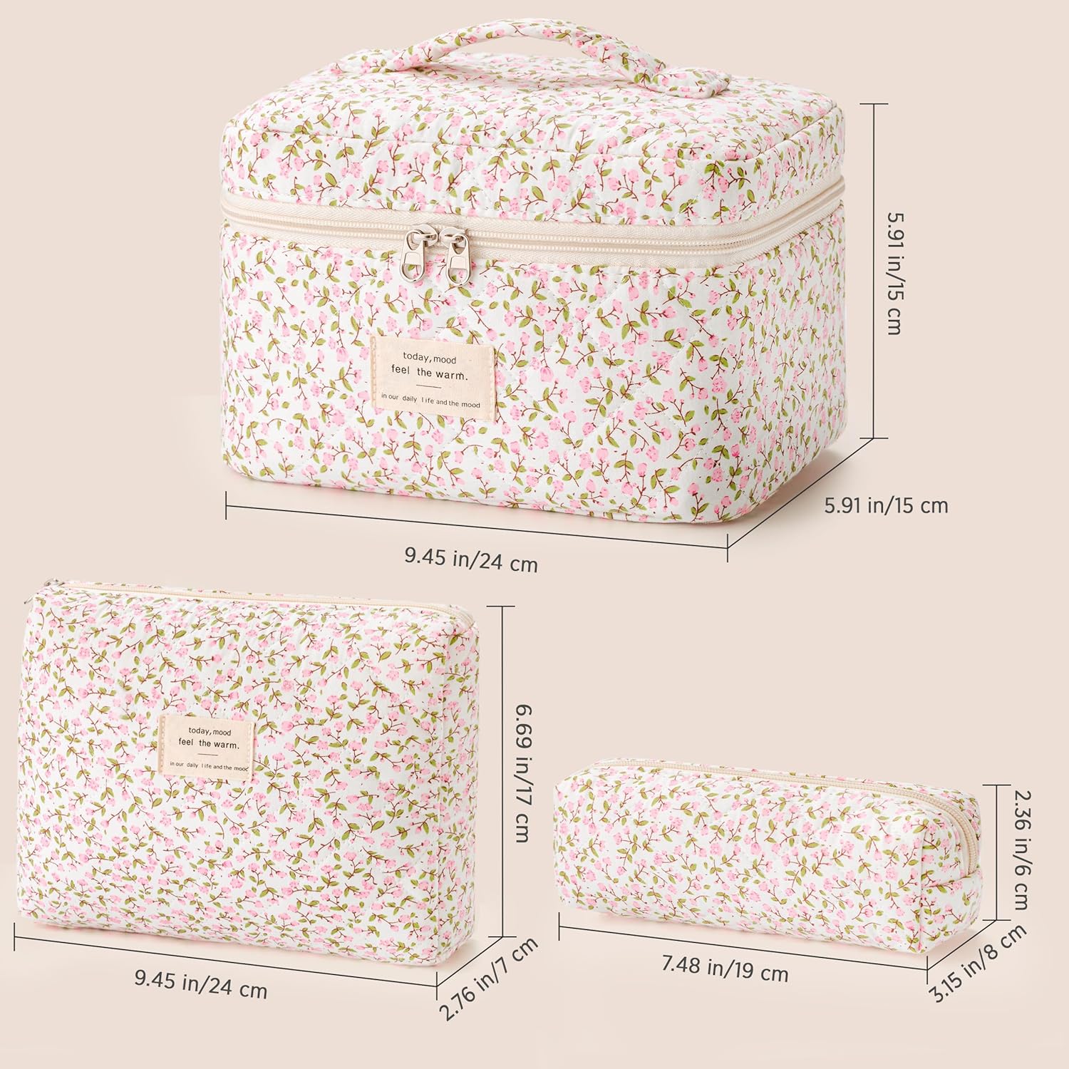 HBselect Quilted Makeup Bag, 3PCS Cotton Large Travel Makeup Bag, Cute Floral Coquette Make up Bag
