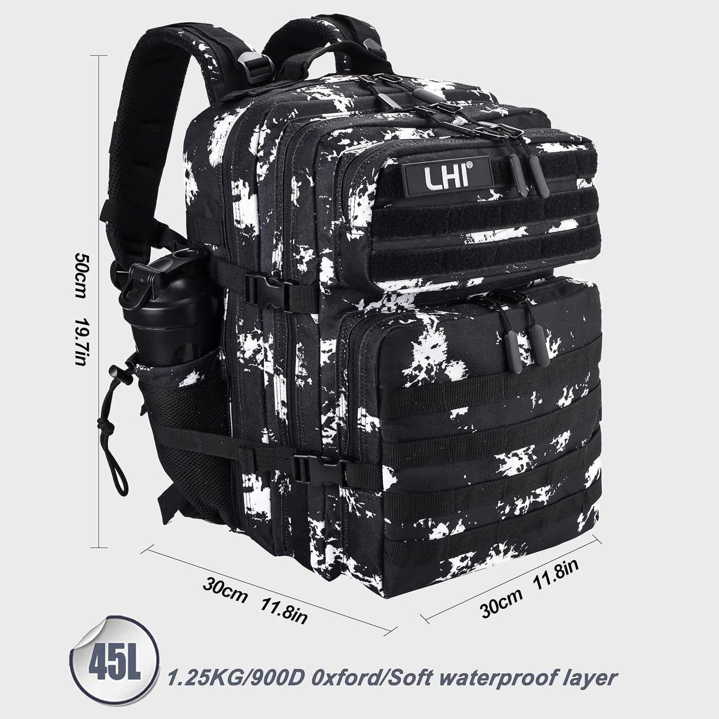 LHI Military Tactical Backpack for Men and Women 45L Army 3 Days Assault Pack Bag Large Rucksack with Shoe Compartment - Black Lightning