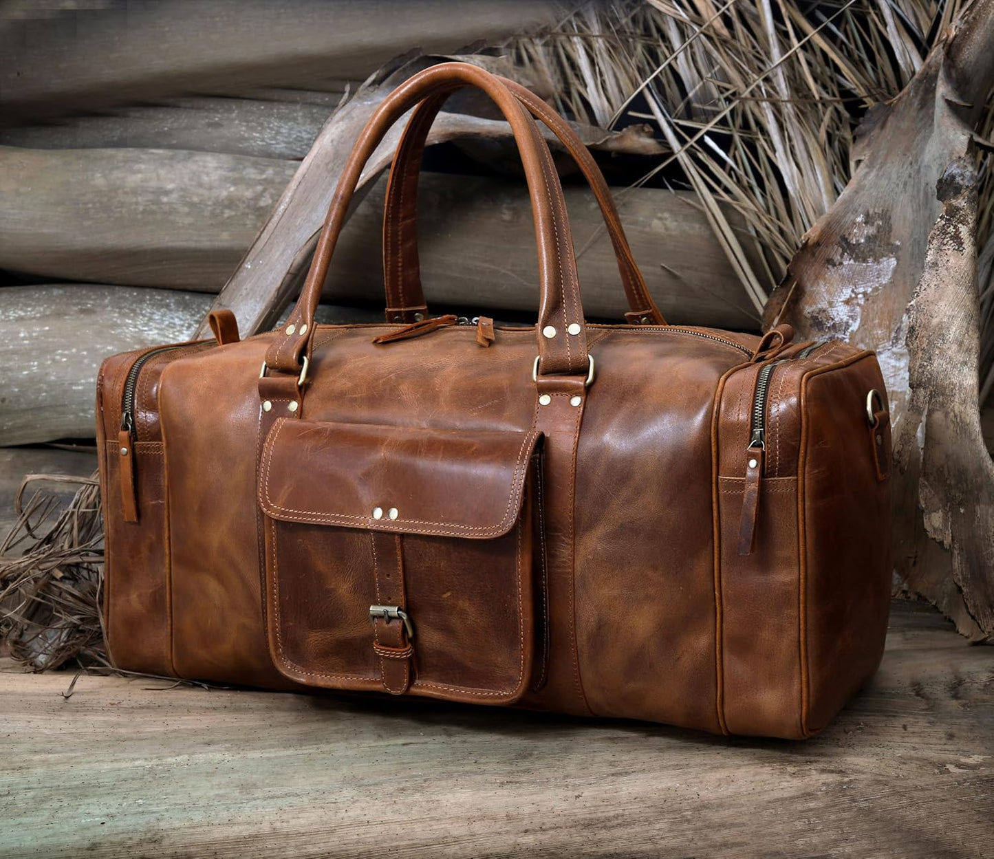 Leather Duffel Bag for Men & Women, Genuine Weekender Travel Bag, Handmade Overnight Gym Bag with Shoulder Strap, Carry-On for Business & Outdoor Travel (Asher Duffel, Light Brown, 22 Inch)