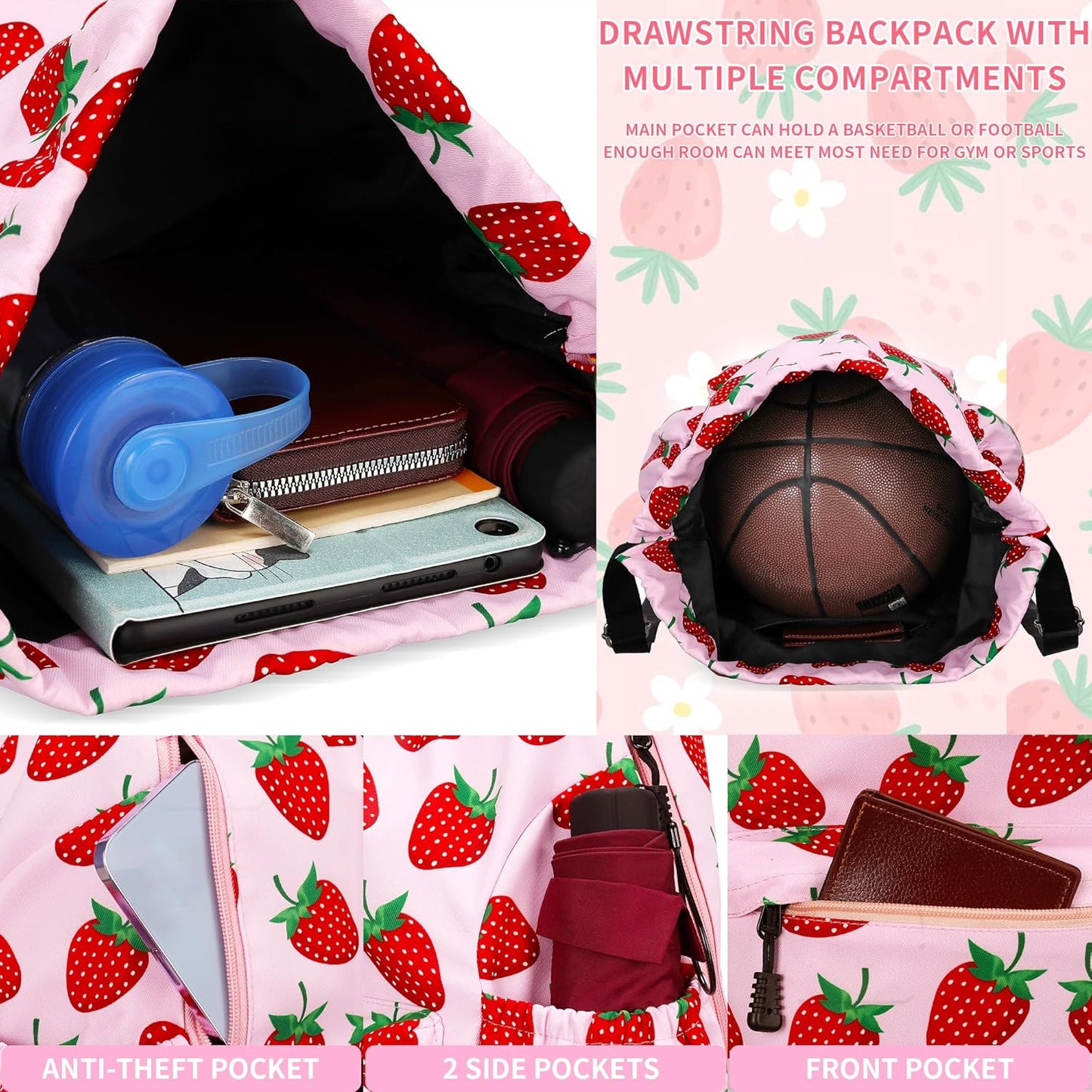 Drawstring Backpack for Women Drawstring Gym Bag Water Resistant Small Cinch Sack Pull String Backpack Bag (Strawberry)