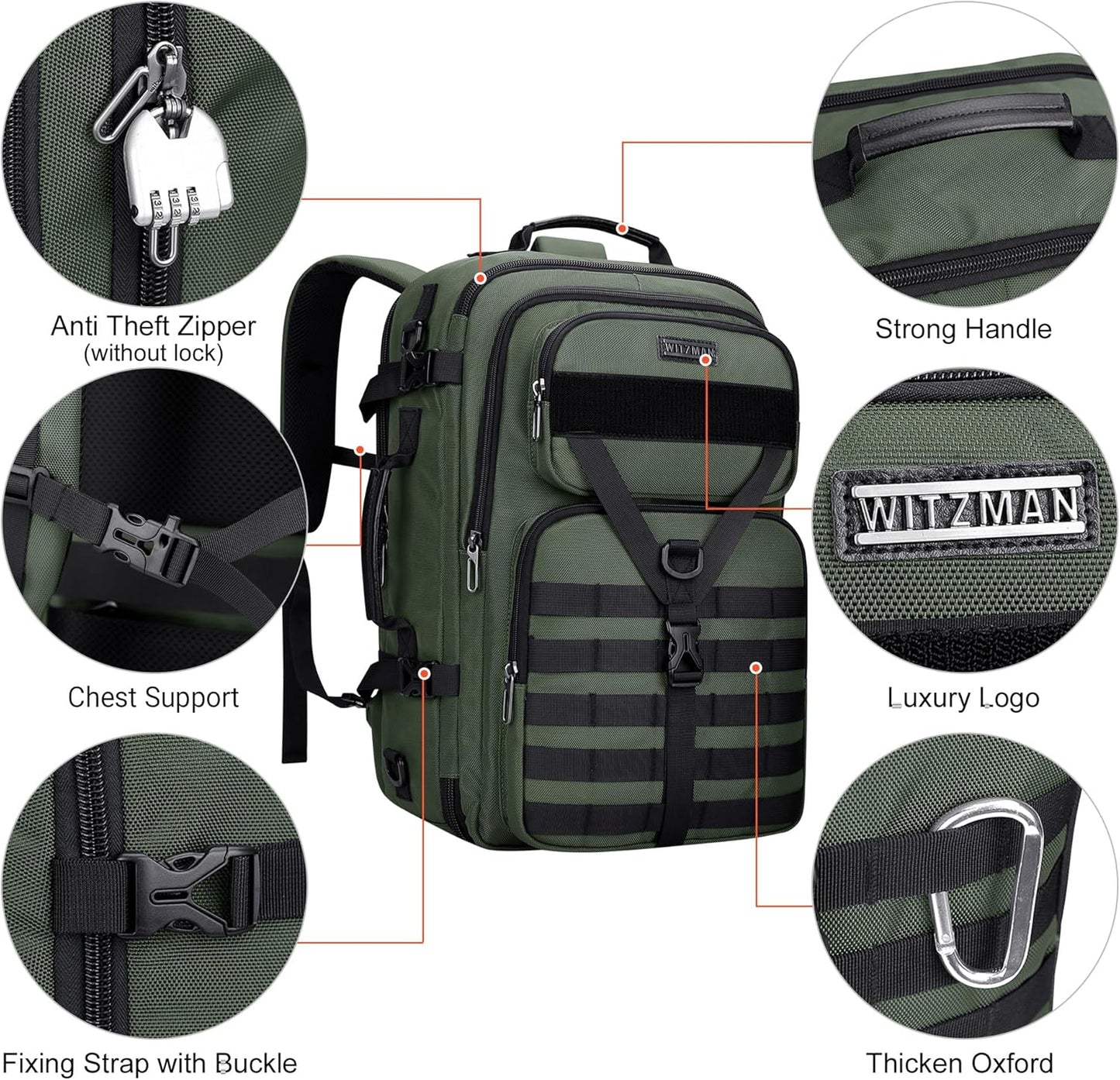 WITZMAN Carry On Travel Backpack for Men Large Convertible 45L Fit 17 Inch Laptop Backpack 3 in 1 Bag for Airline Approved(B688 Army Green)