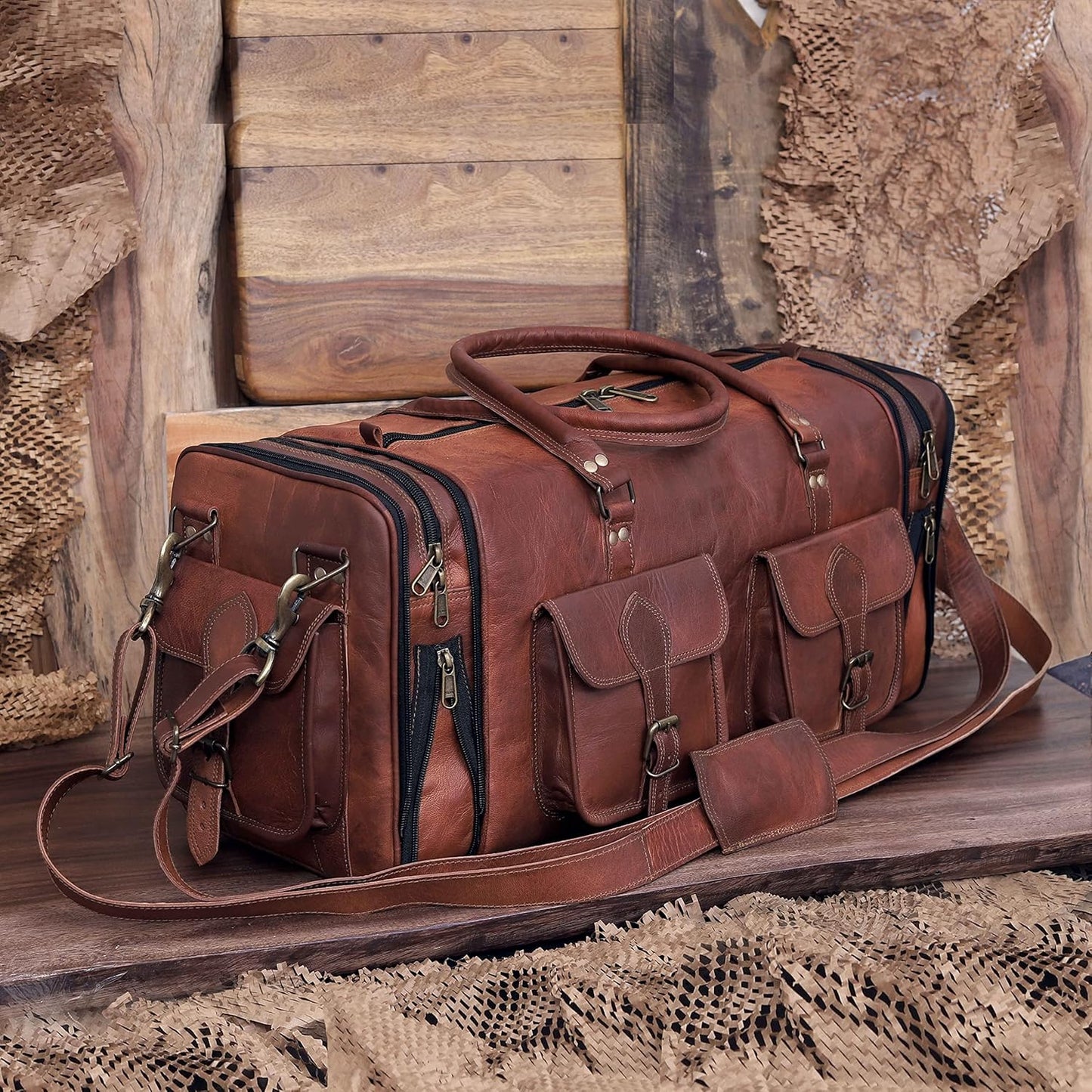 Weekender Leather Duffel Bag Overnight Women Men Girls Boys Vintage Travel Duffle with Shoulder Strap Carry On Sports Gym 20 Inch Handmade Leather Luggage Carryall Cool Gifts for Him by Cureo