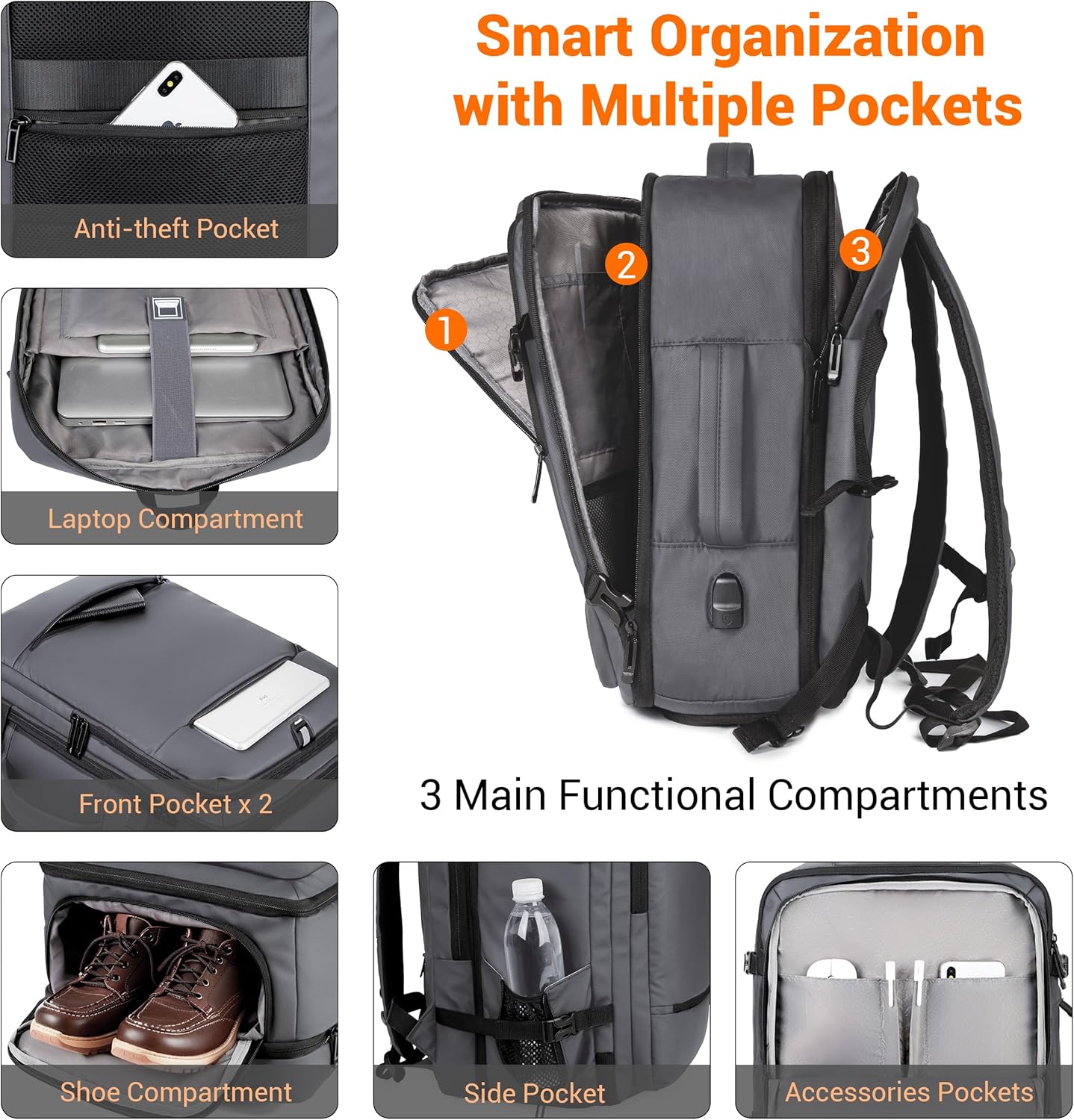 Vacuum Seal Backpack for Travel with Pump, 60L Expandable Backpack with Detachable Vacuum Compression Bag Waterproof Carry On Large Travel Bag for Airline Laptop Backpack with Shoe Compartment Gray