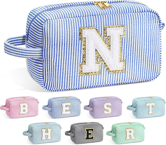 YOOLIFE Personalized Birthday Gift for Mom - Monogram Blue Initial Makeup Bag Cosmetic Bag for Women