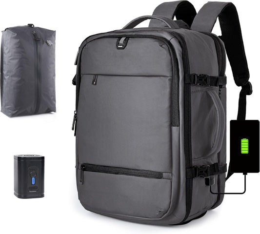 Vacuum Seal Backpack for Travel with Pump, 60L Expandable Backpack with Detachable Vacuum Compression Bag Waterproof Carry On Large Travel Bag for Airline Laptop Backpack with Shoe Compartment Gray