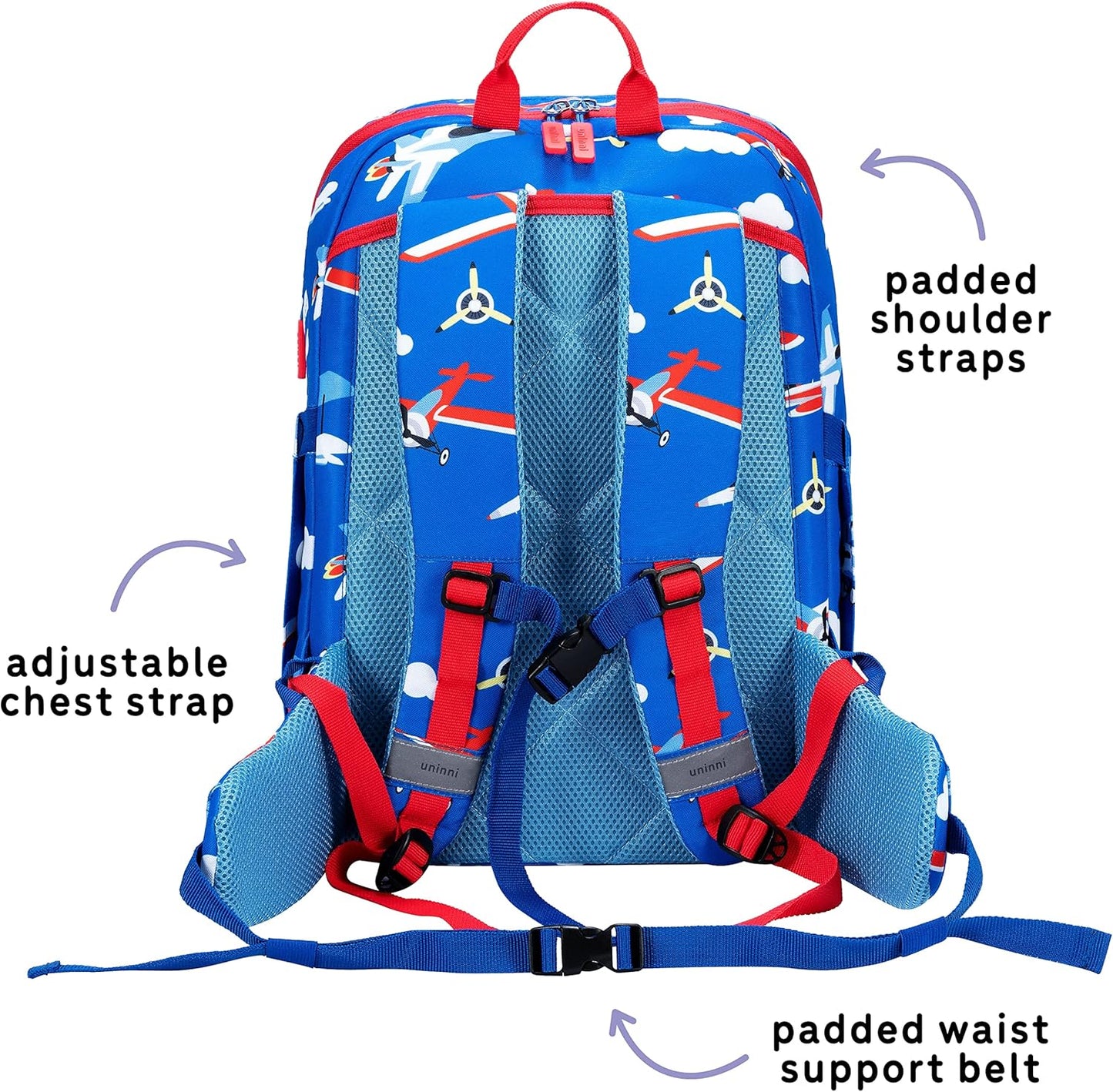 uninni 16" Kid's Backpack for Girls and Boys Age 6+ with Padded, and Adjustable Shoulder Straps. Fits for Height 3'9" Above Kids (Airplane)