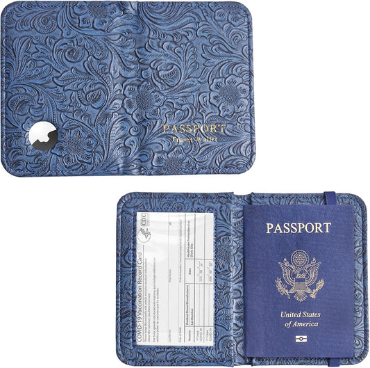lizimandu Passport Holder with Airtag Slot, Airtag Passport Wallet for Men Women, Slim Leather Passport Holder Case Family for Travel Anti-Lost(1-Carved Blue)