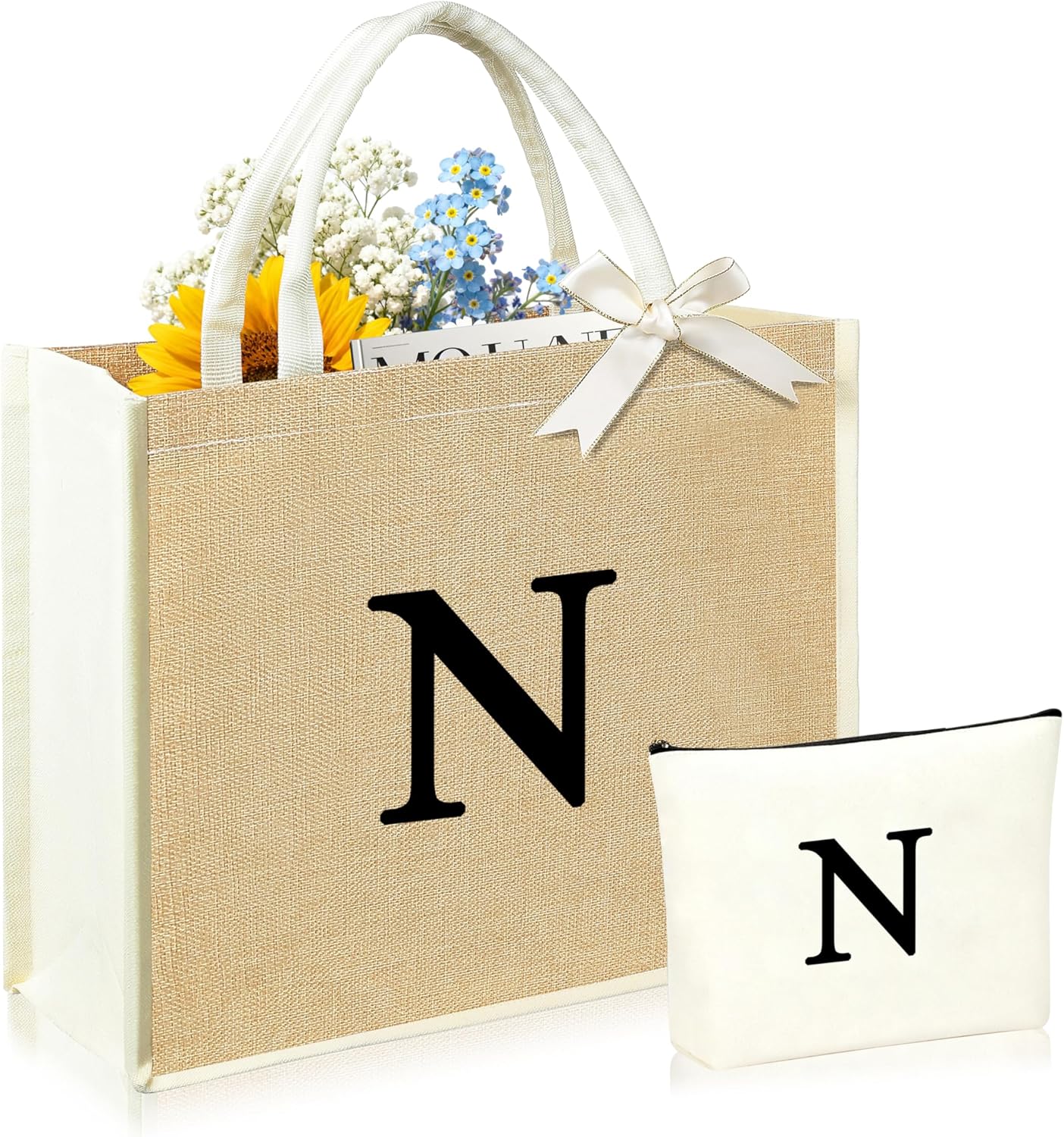 Initial Canvas Tote Bag & Makeup Bag for Women Teacher Bridesmaids，Personalized Present for Wedding, Birthday, Beach