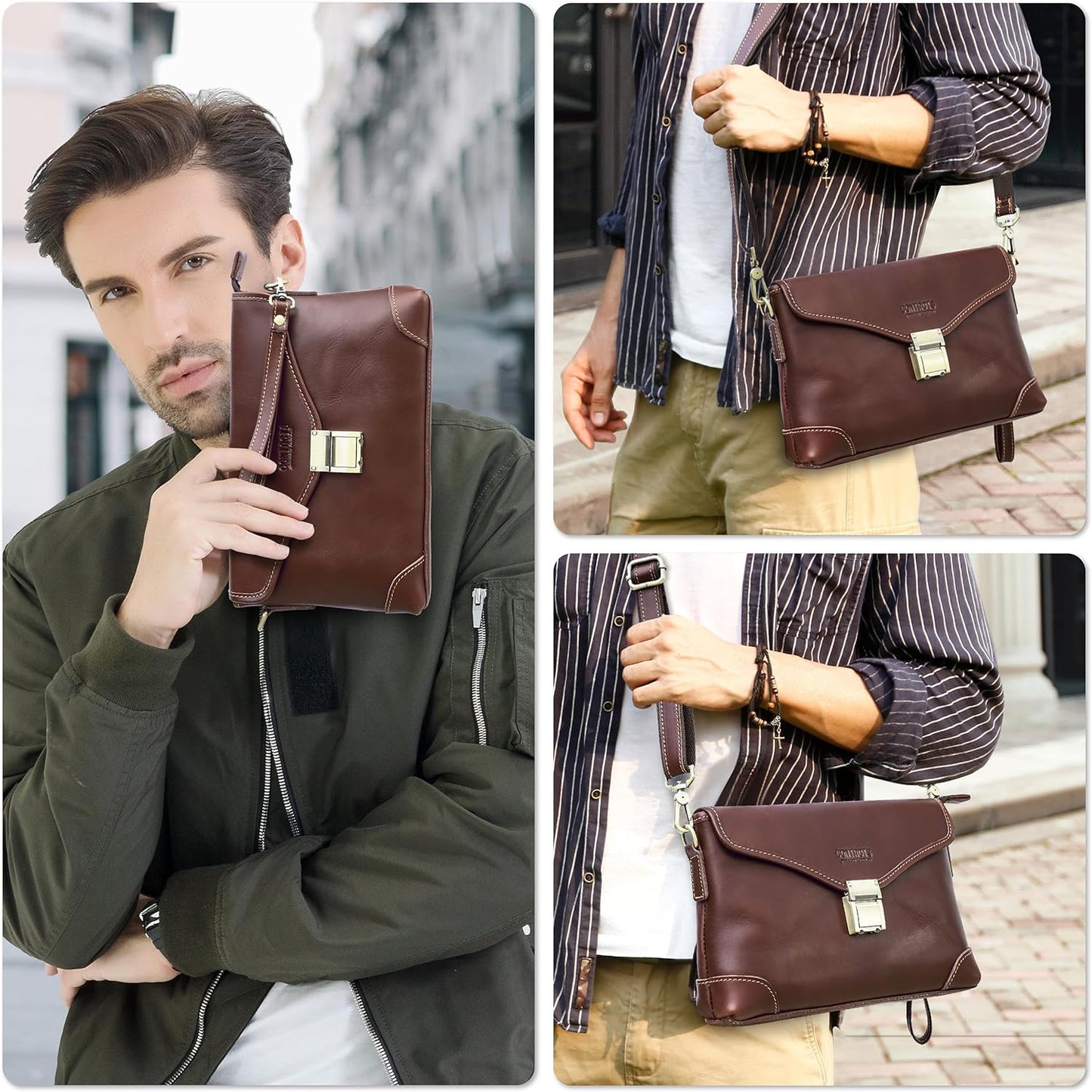 Top Grain Genuine Leather Handbag Wallet for Man & Woman, Handmade Retro Design, Combination Lock & Adjustable Shoulder Strap & Wristlet, Portable Handbag for Cards/Checks/Phone/Banknote, Dark Coffee